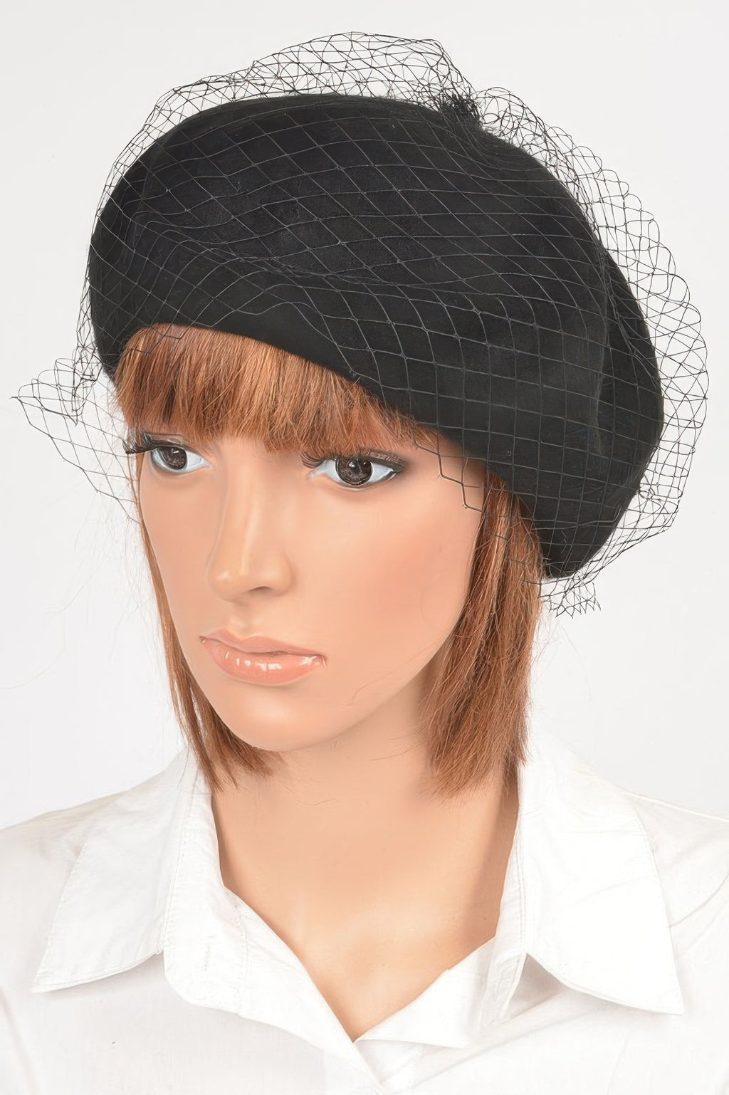 Black netted fashion cap with fine mesh veil and curved brim over head