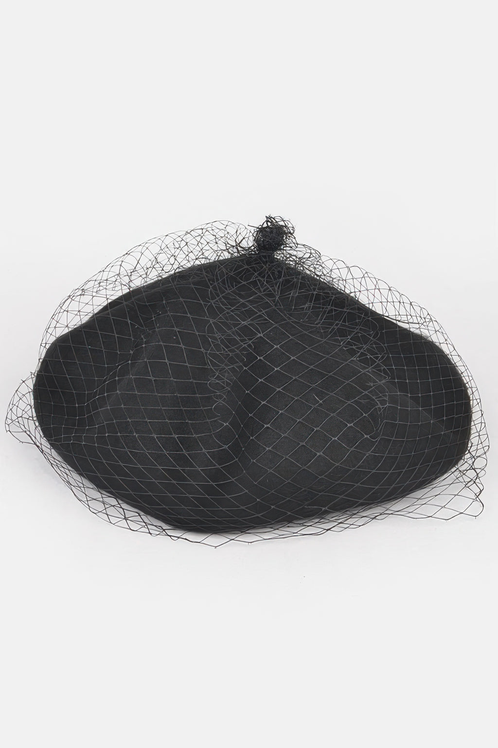 Black netted fashion cap laid flat, open crown with mesh headpiece and brim