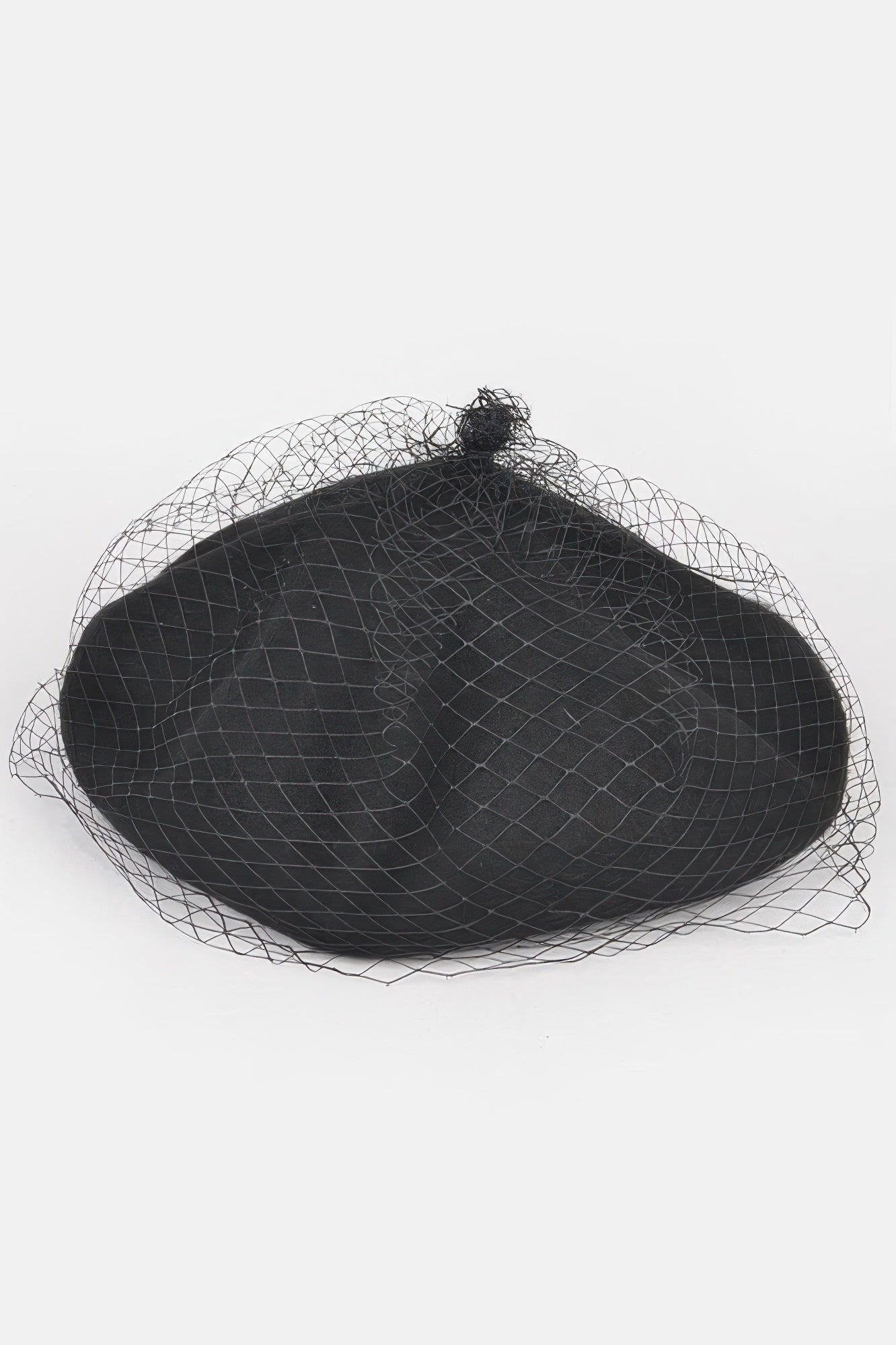 Black netted fashion cap laid flat, open crown with mesh headpiece and brim