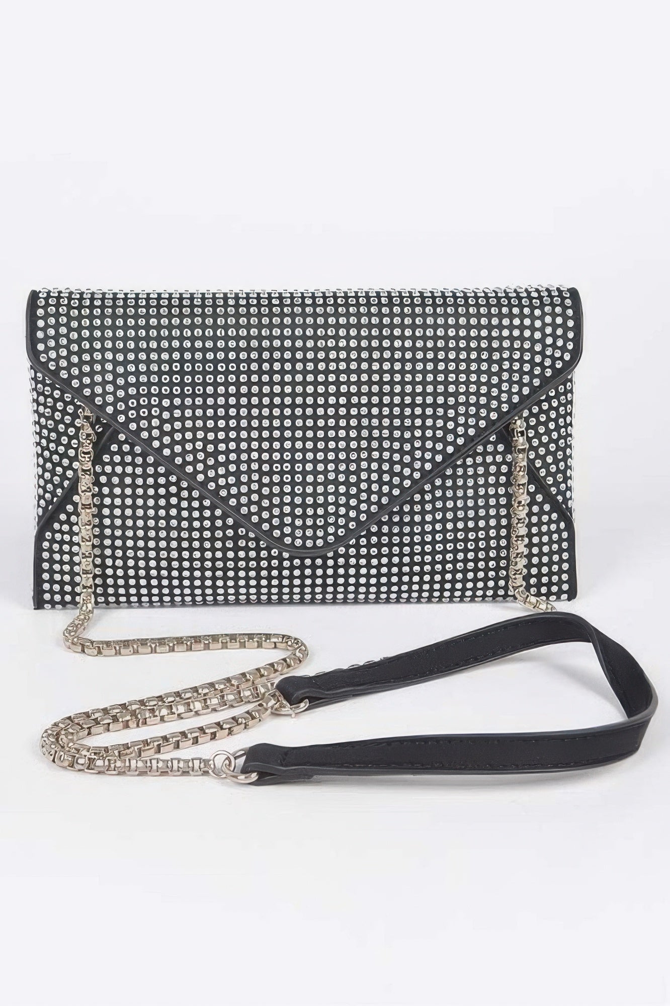 Hot Fix Rhinestones Envelope Clutch in black, rhinestone front with chain strap