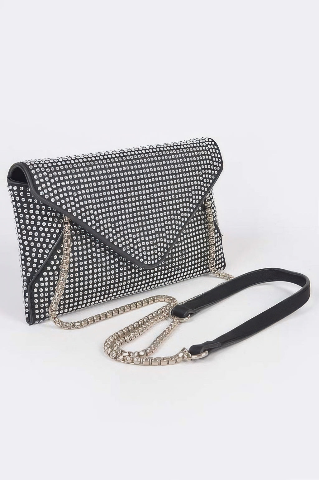 Hot Fix Rhinestones Envelope Clutch in black, angled profile with chain and strap