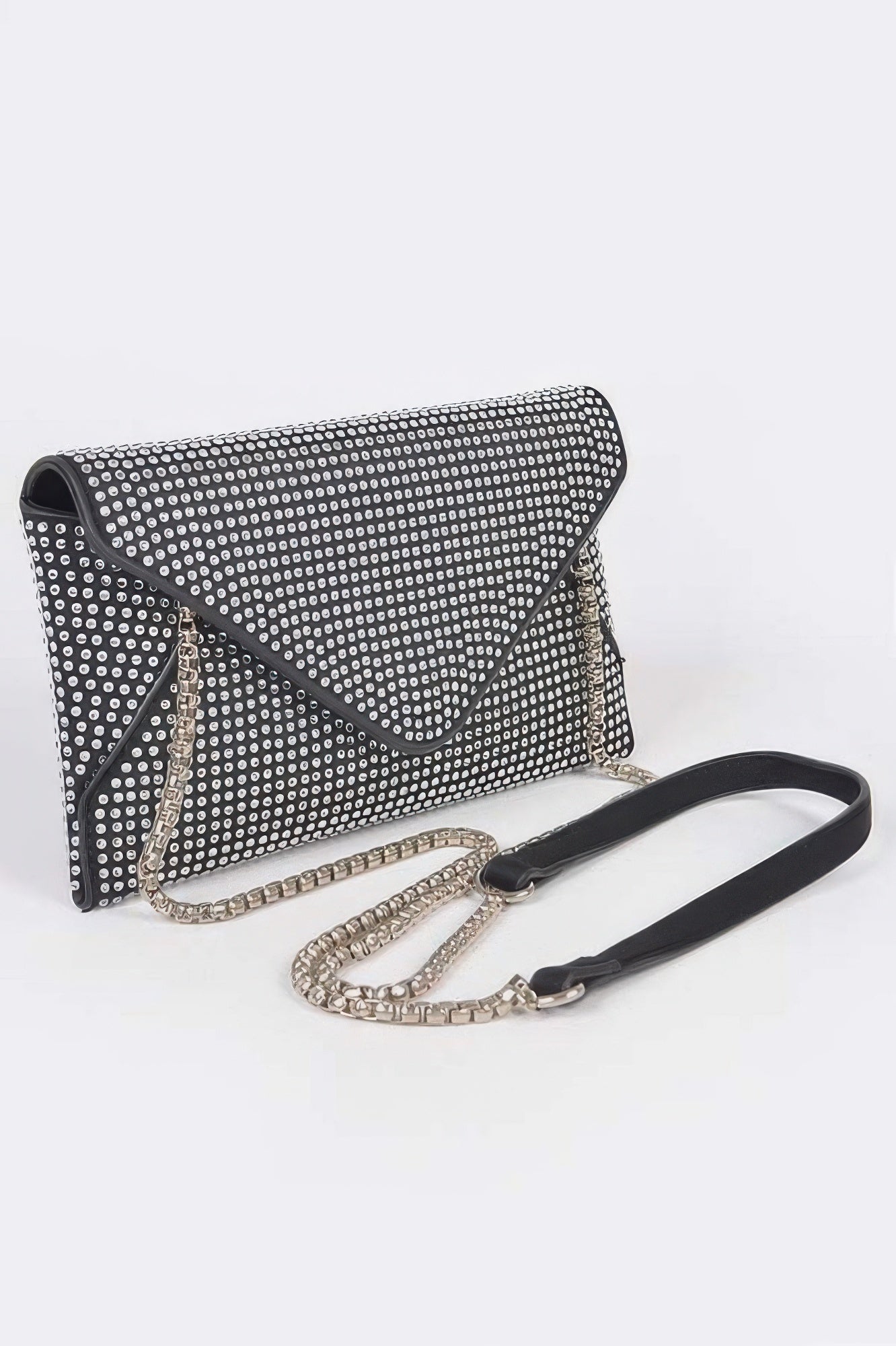 Hot Fix Rhinestones Envelope Clutch in black, angled profile with chain and strap