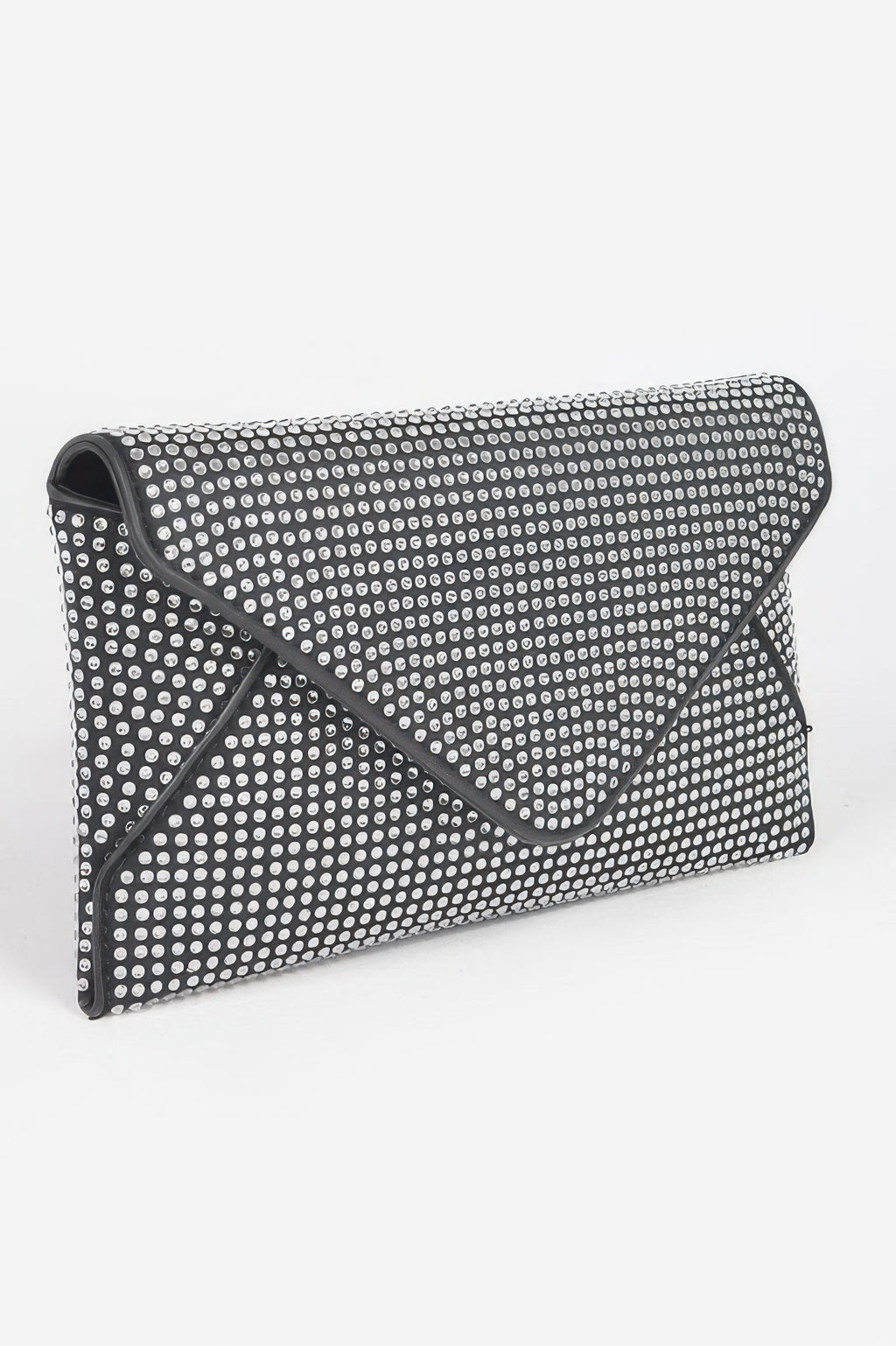 Hot Fix Rhinestones Envelope Clutch in black, rhinestone envelope flap front