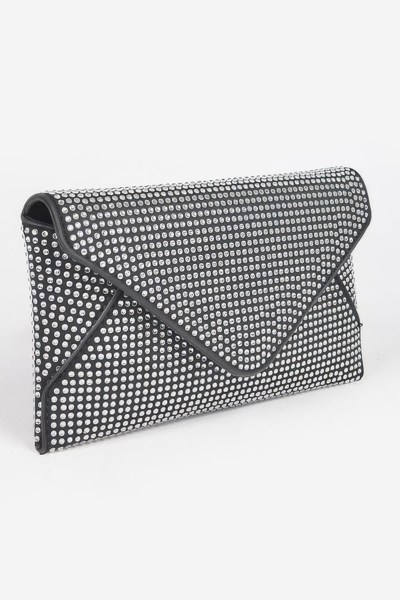 Hot Fix Rhinestones Envelope Clutch in black, rhinestone envelope flap front