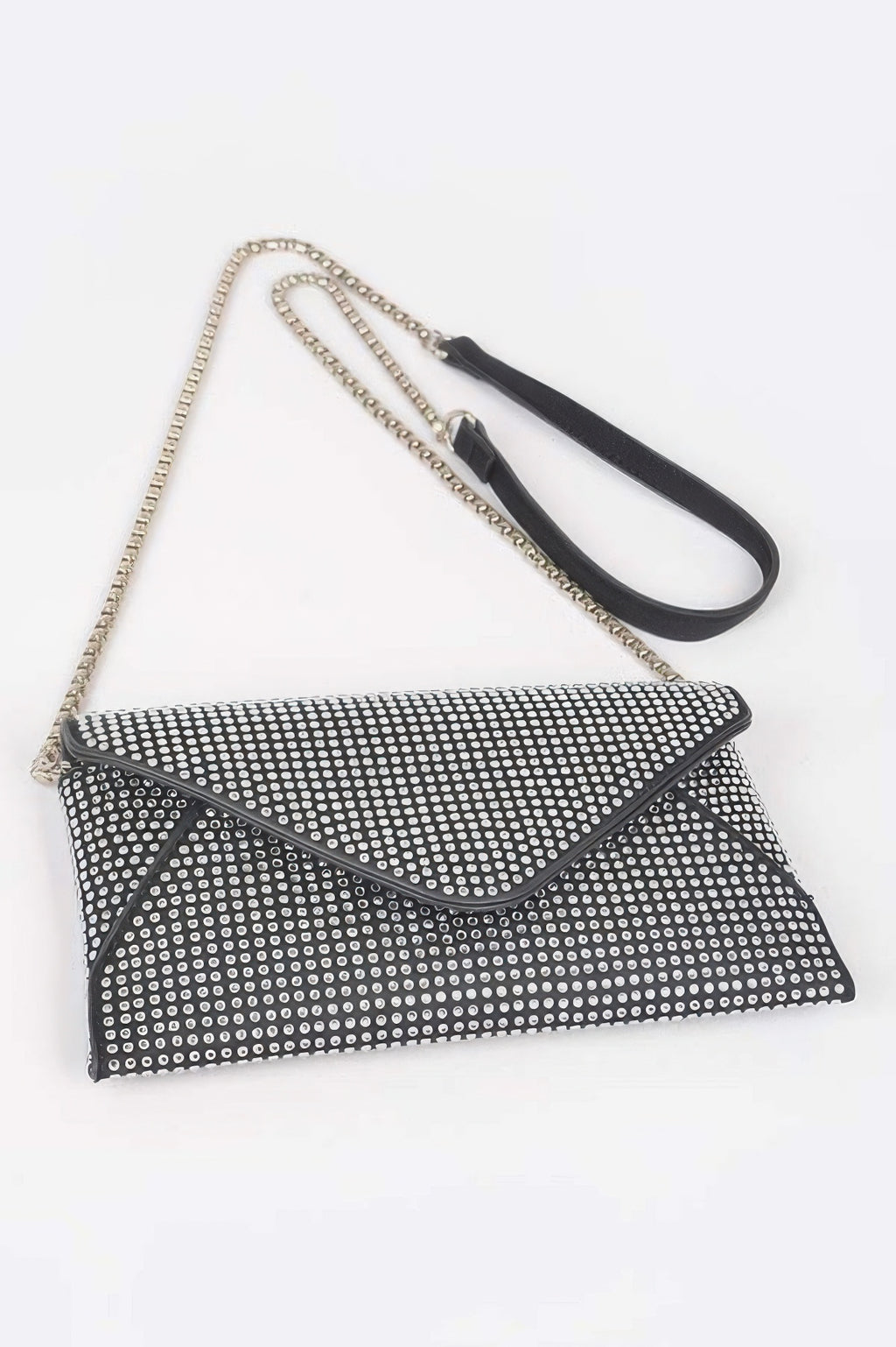 Hot Fix Rhinestones Envelope Clutch in black, envelope flap with rhinestone detail