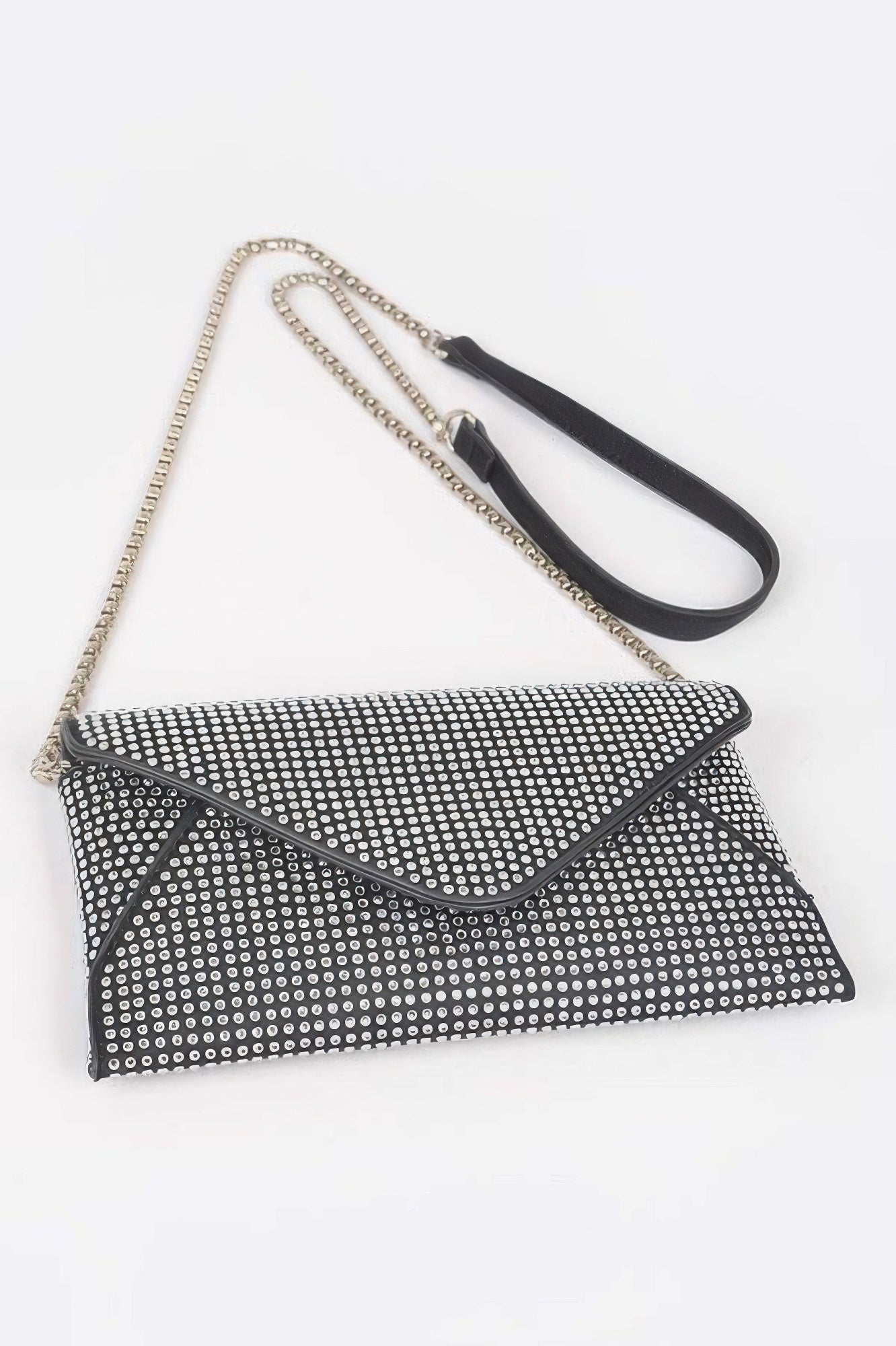 Hot Fix Rhinestones Envelope Clutch in black, envelope flap with rhinestone detail