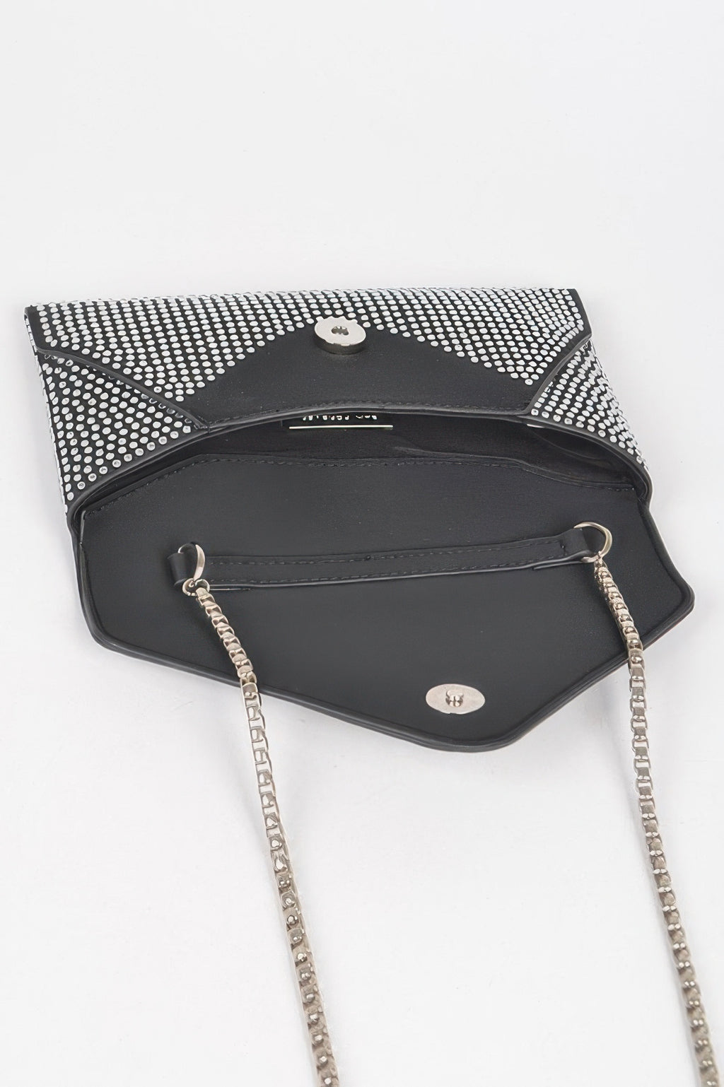 Open black Hot Fix Rhinestones Envelope Clutch with rhinestone top and interior