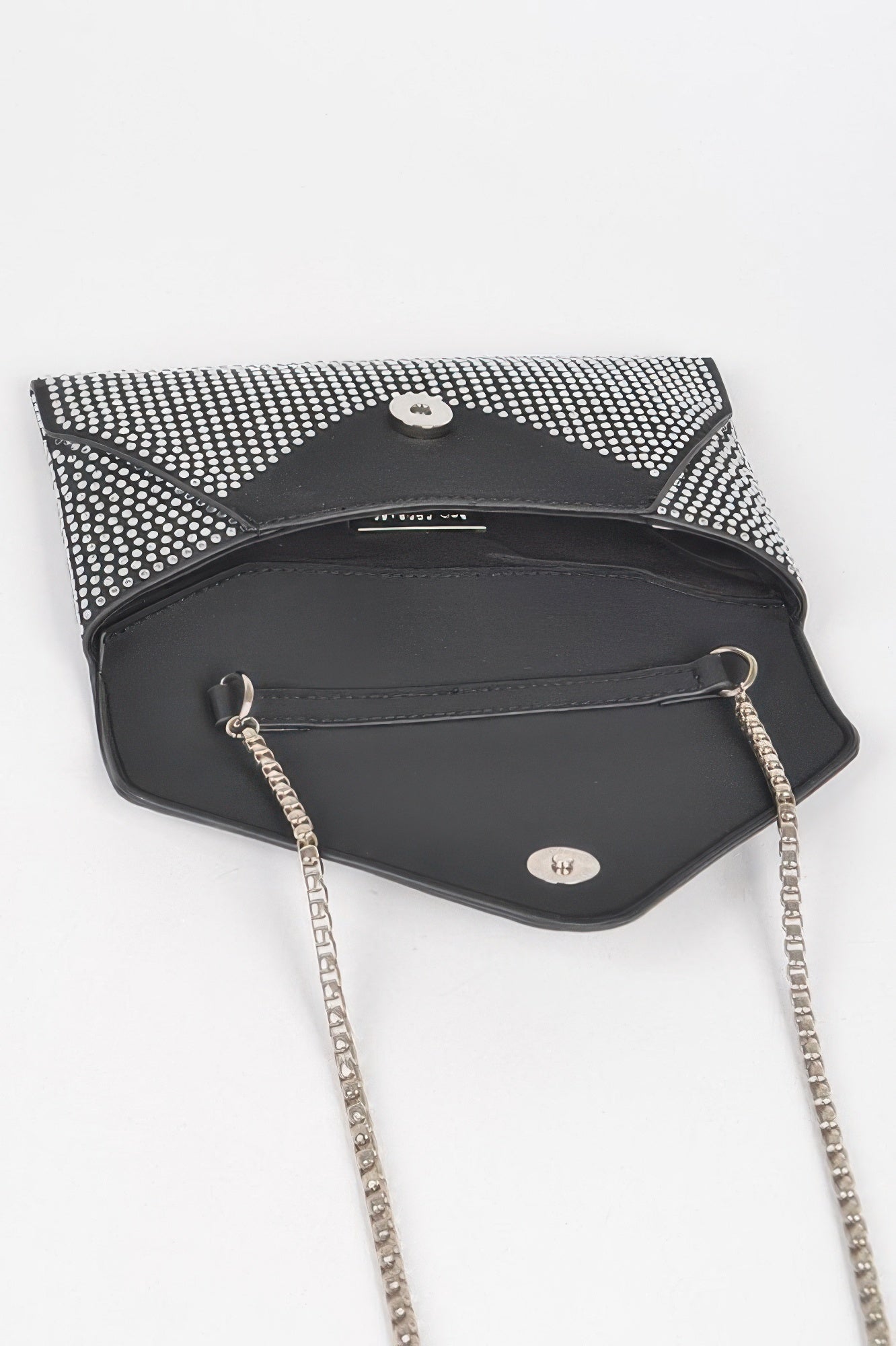 Open black Hot Fix Rhinestones Envelope Clutch with rhinestone top and interior