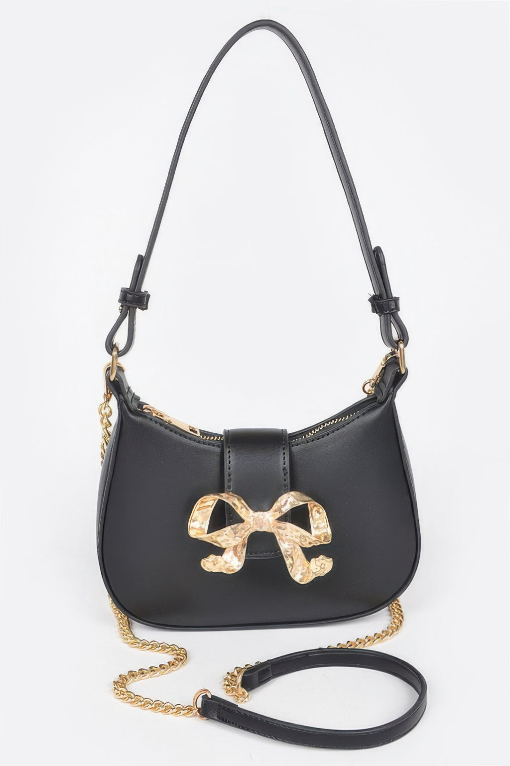 Black vegan leather small hobo bag with gold bow ribbon detail and chain strap