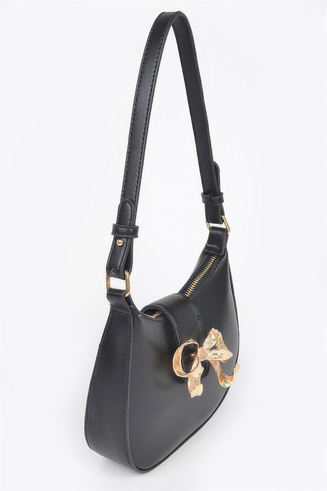 Black small hobo bag with gold bow ribbon on front, shoulder strap and chain