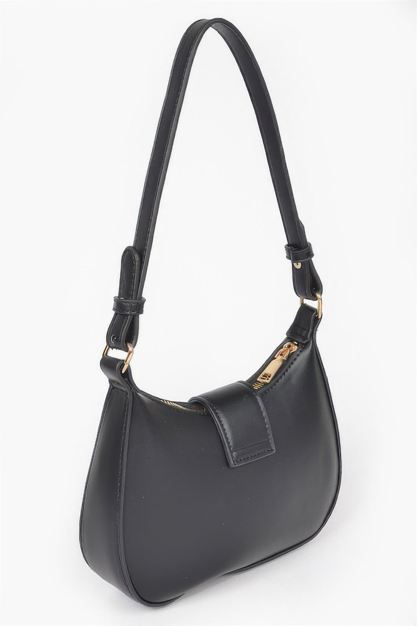 Black vegan leather small hobo bag with structured top and bow ribbon emblem