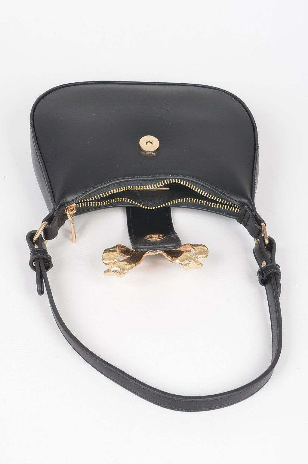 Black small hobo bag with zippered top opening and gold bow ribbon hardware