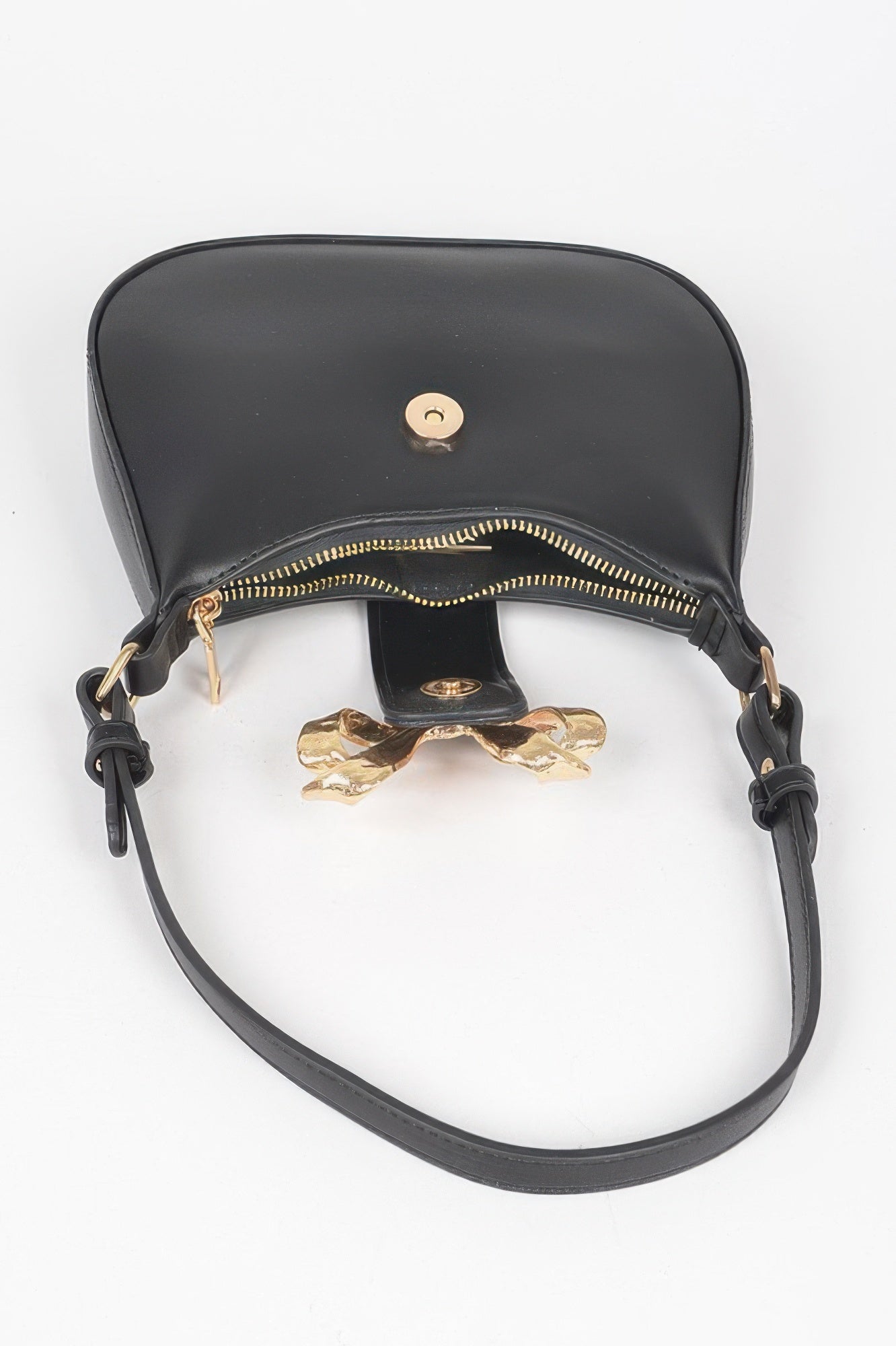 Black small hobo bag with zippered top opening and gold bow ribbon hardware