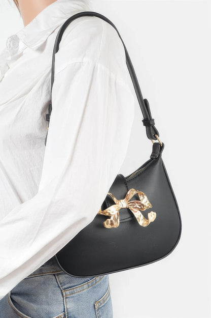 Vegan Leather Small Hobo Bag W/metal Ribbon - Tigbul's Variety Fashion Shop