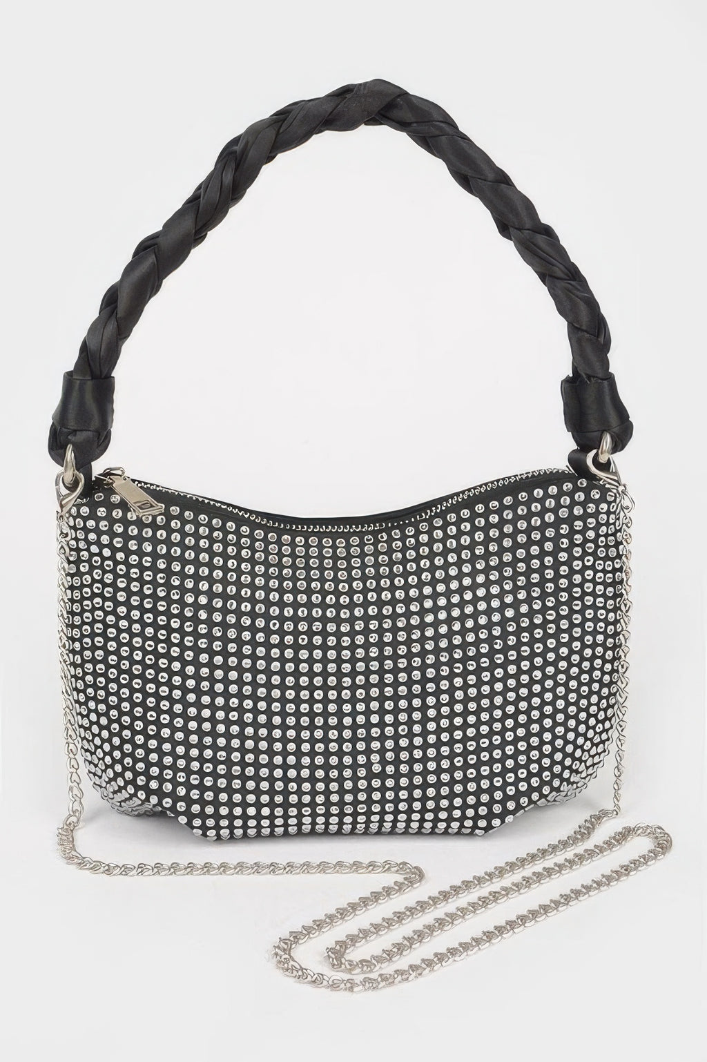 Hot Fix Stone Twisted Handle Small Hobo Bag in Black with silver rhinestones