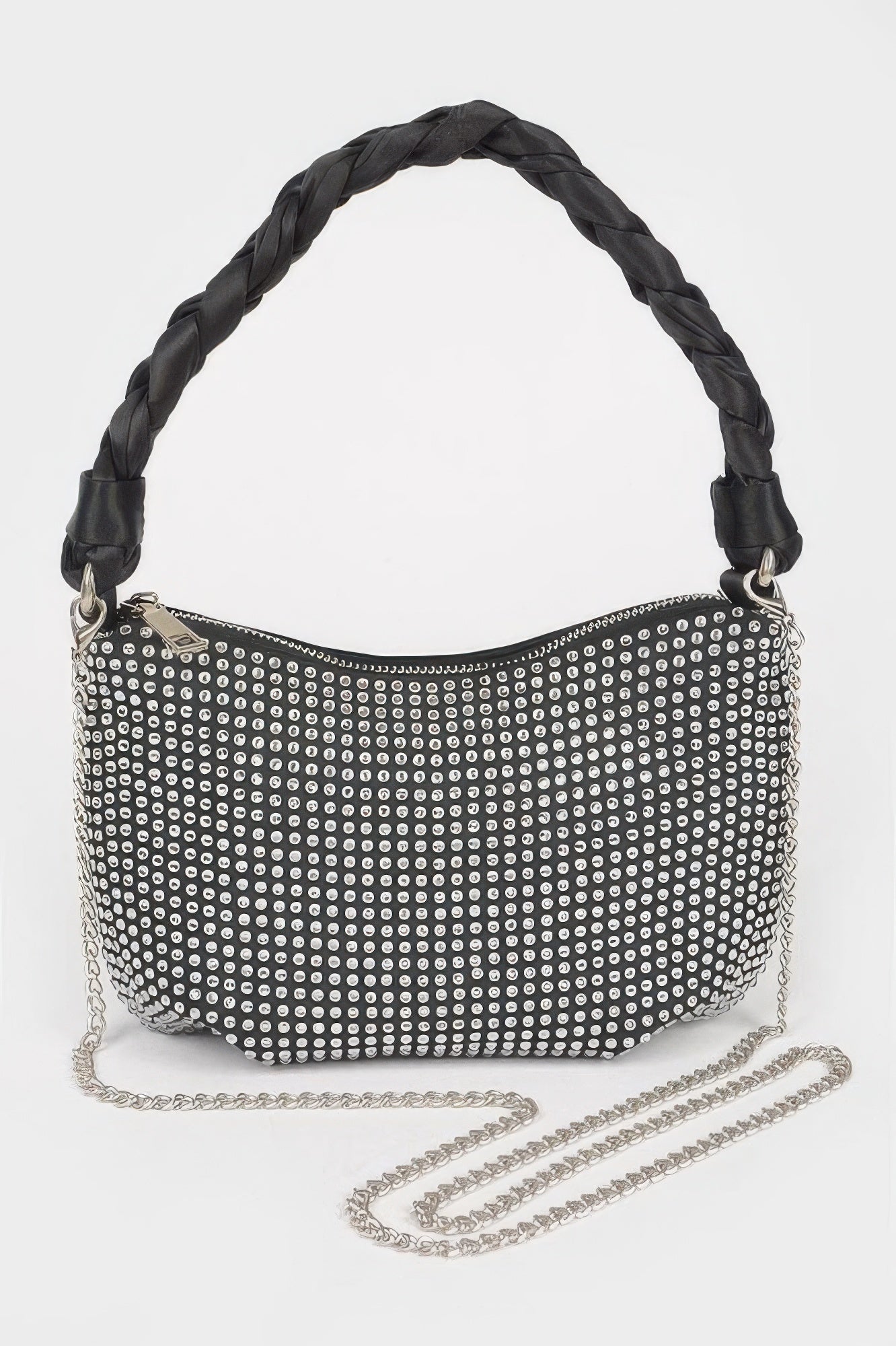 Hot Fix Stone Twisted Handle Small Hobo Bag in Black with silver rhinestones