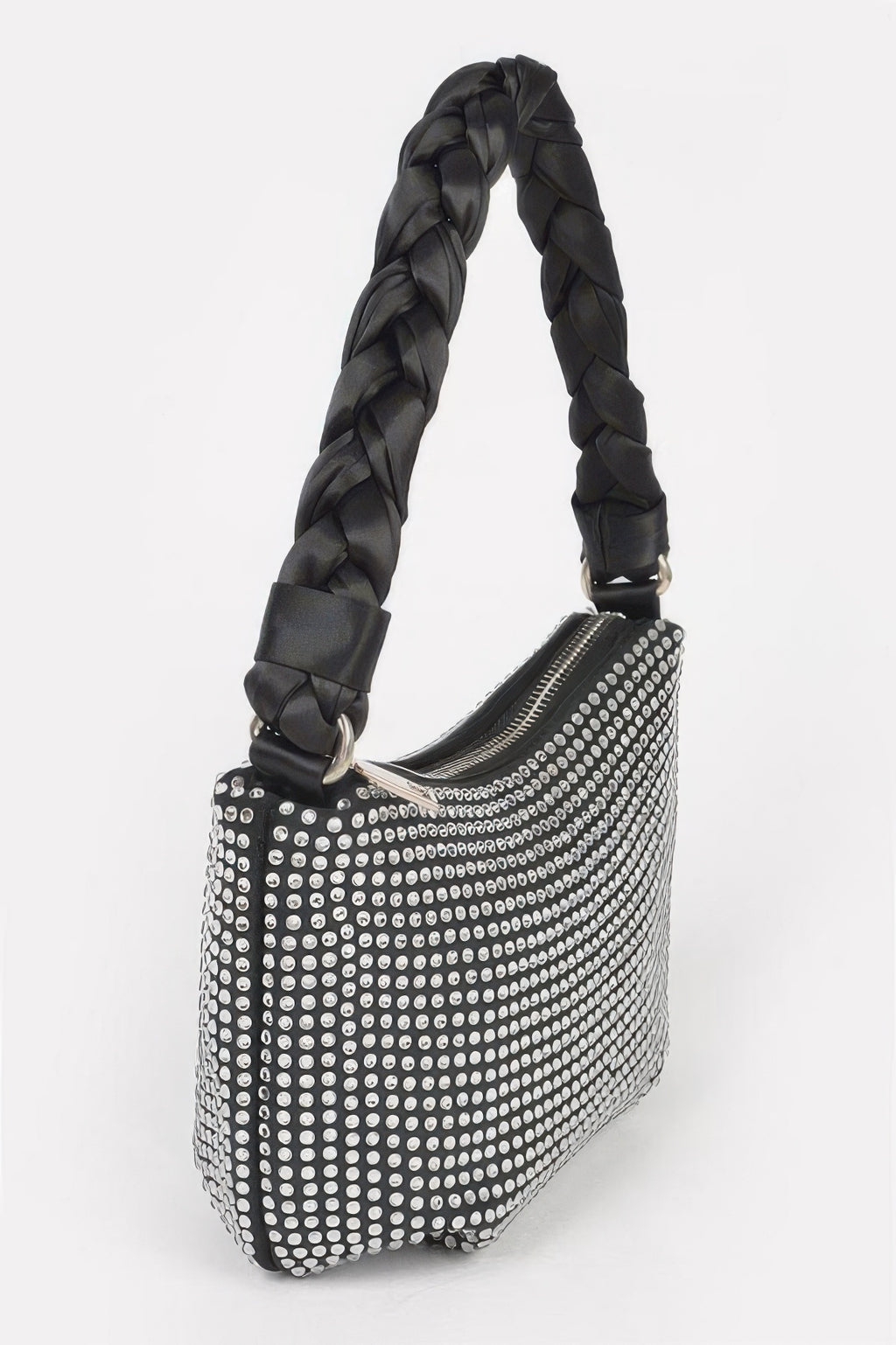 Small hobo bag with twisted black handle and silver rhinestone crossbody chain