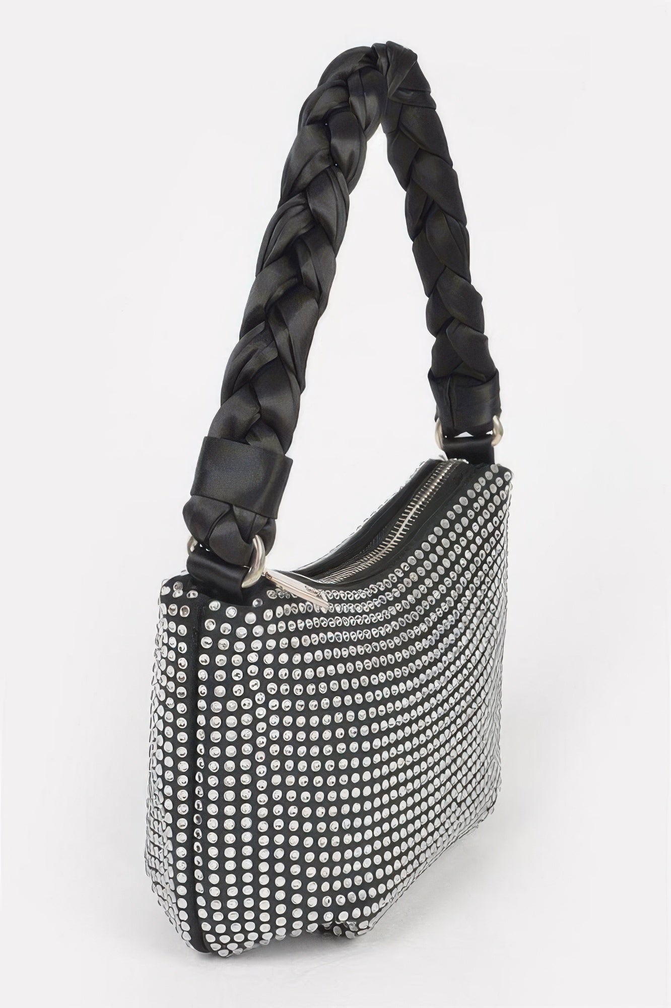 Small hobo bag with twisted black handle and silver rhinestone crossbody chain