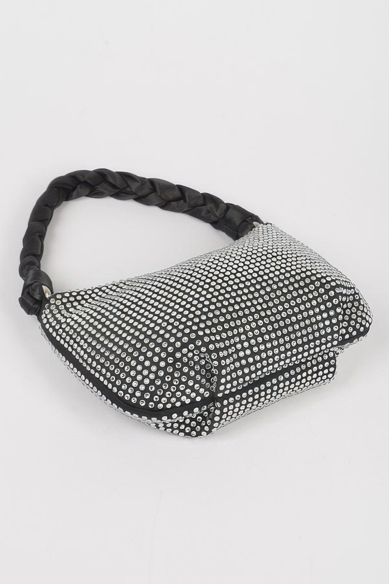 Rhinestone-covered small hobo bag with braided twisted handle and black trim