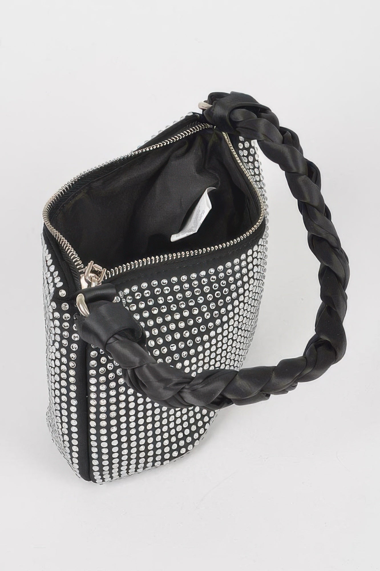 Black-lined small hobo bag with zip top, rhinestone front, twisted braided handle