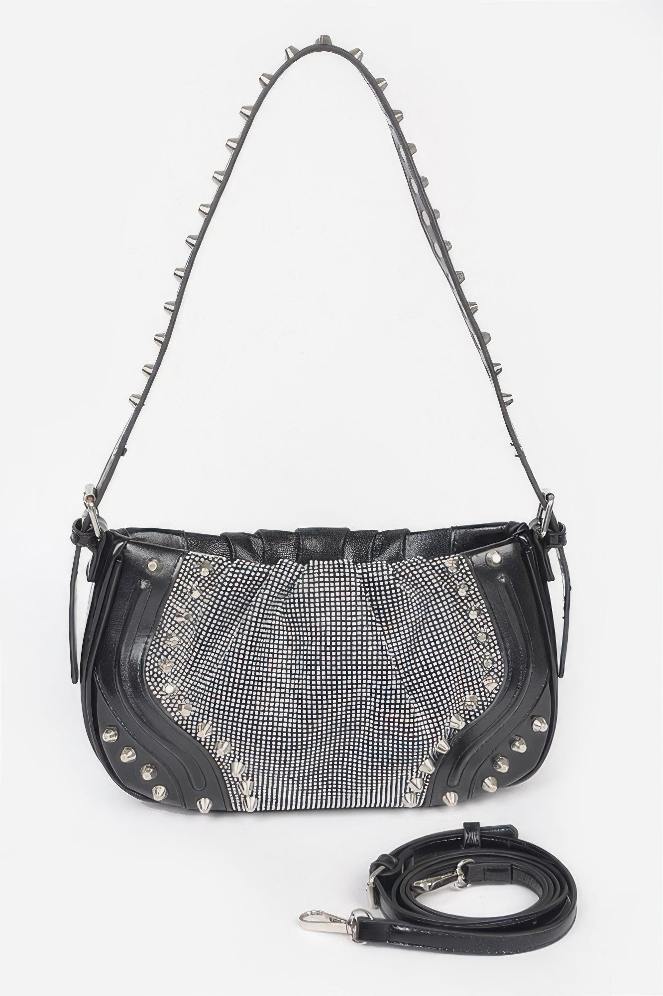 Black shoulder bag with hot-fix rhinestone mesh front and metal studs, crossbody strap