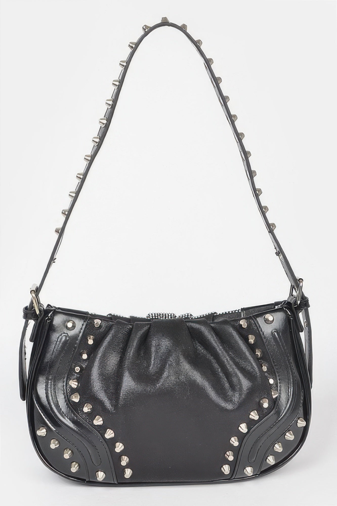 Black metal stud shoulder bag with curved shell front and scattered silver-tone studs