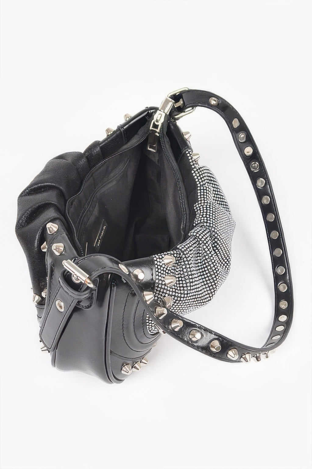 Black shoulder bag with rhinestone-embellished panel and studded strap hardware