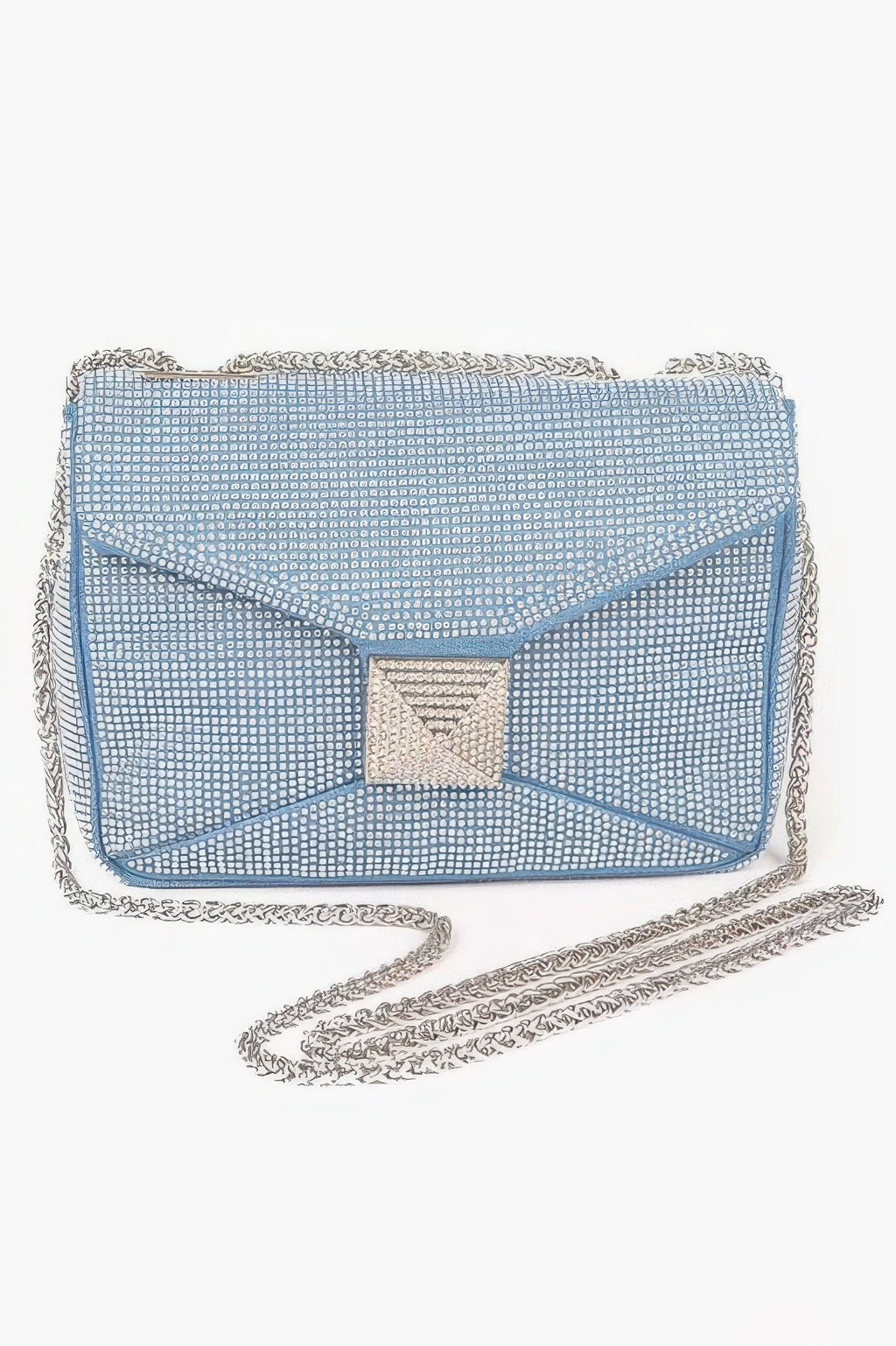 Light blue rhinestone denim clutch with bow-shaped front rhinestone panel