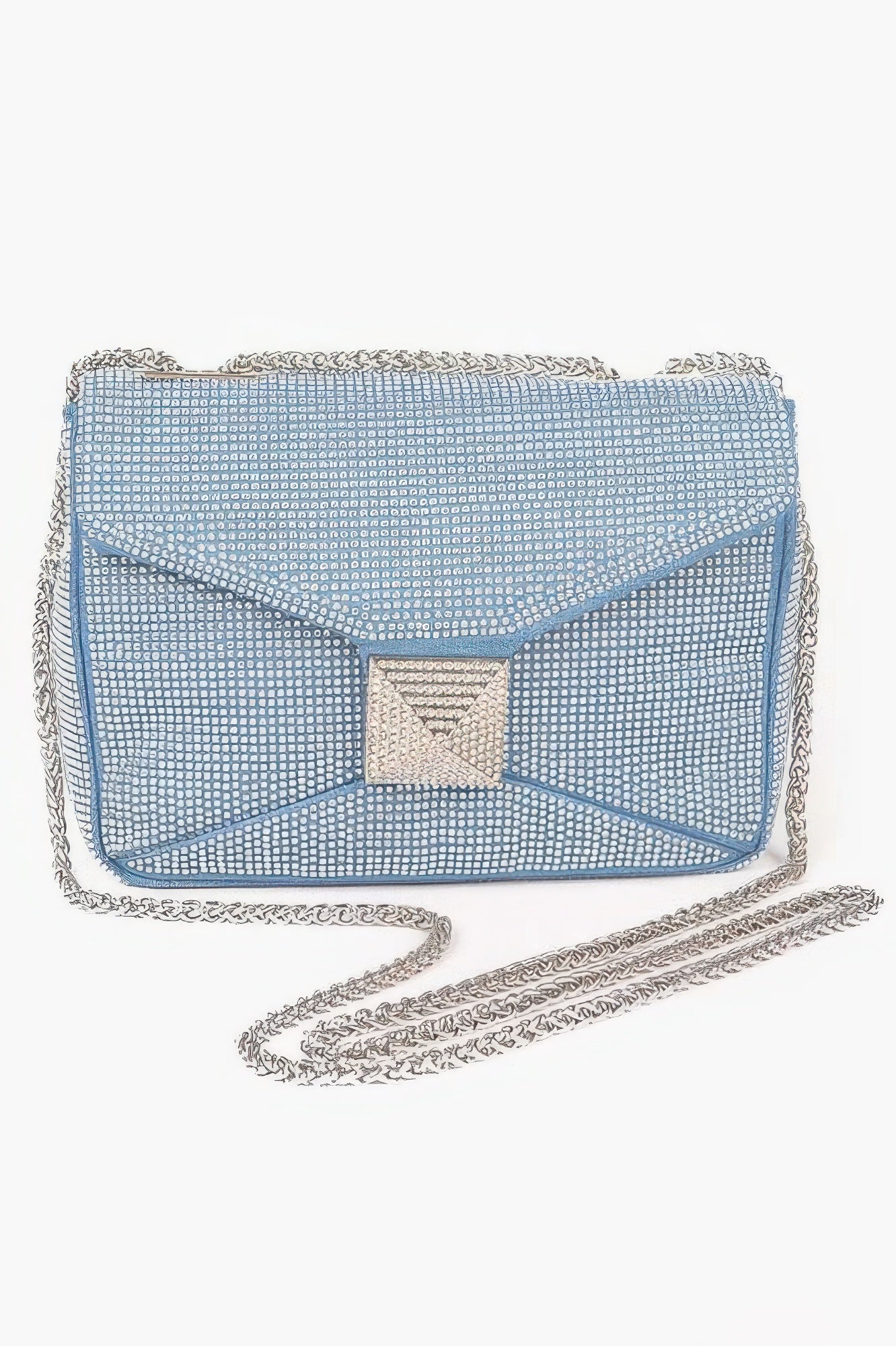 Light blue rhinestone denim clutch with bow-shaped front rhinestone panel