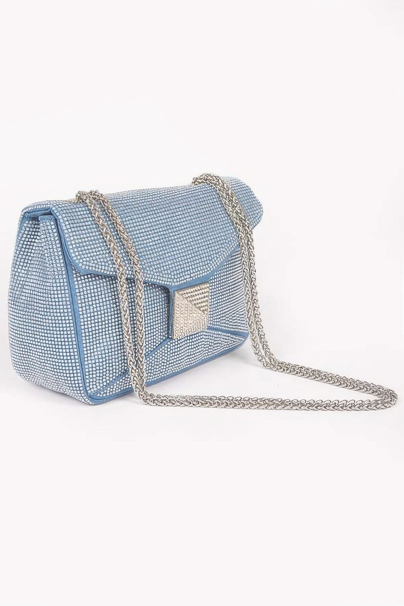 Light blue rhinestone denim clutch with flap, silver chain strap, bow front