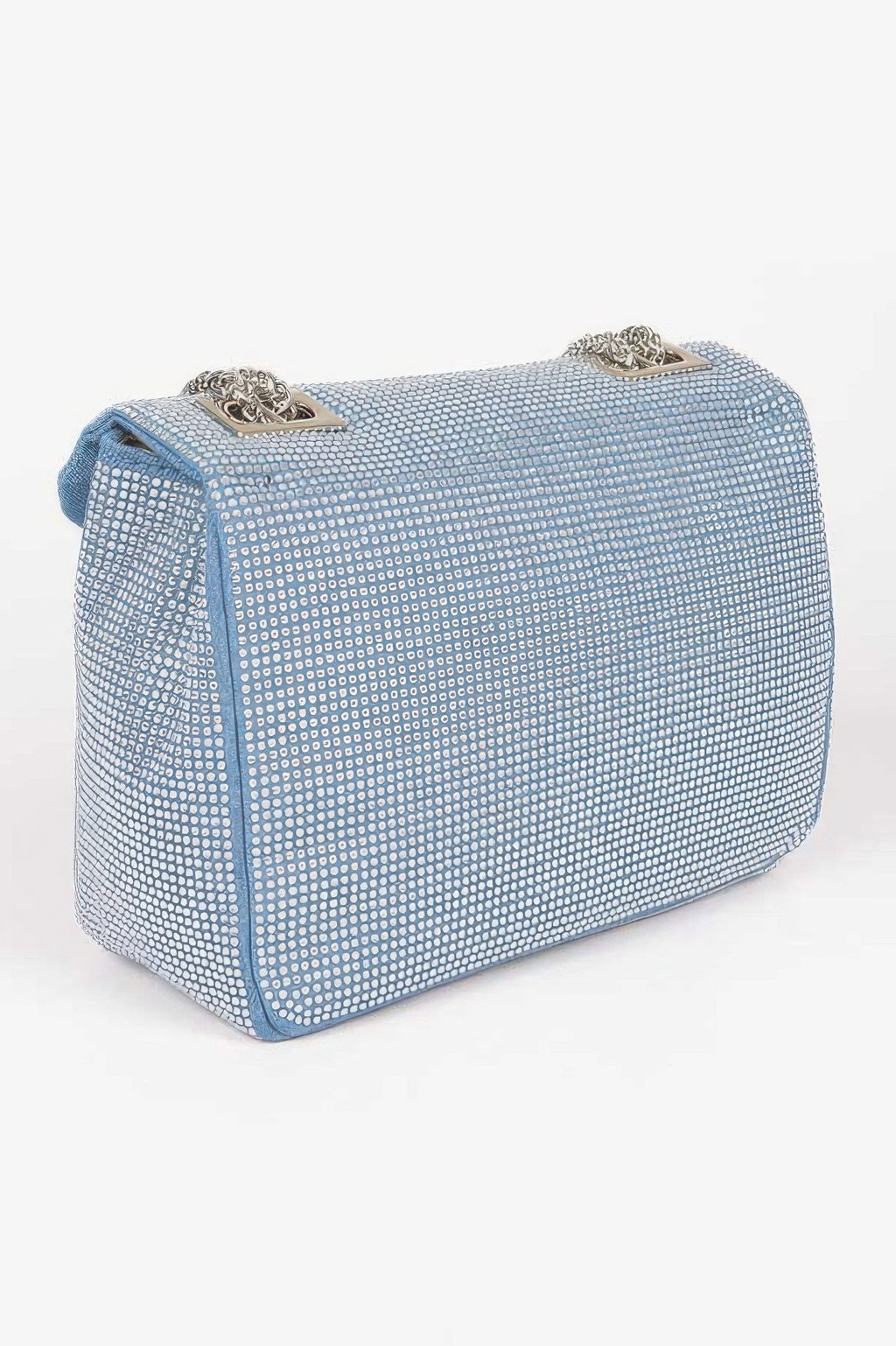Light blue rhinestone denim clutch, silver top hardware, boxy silhouette
