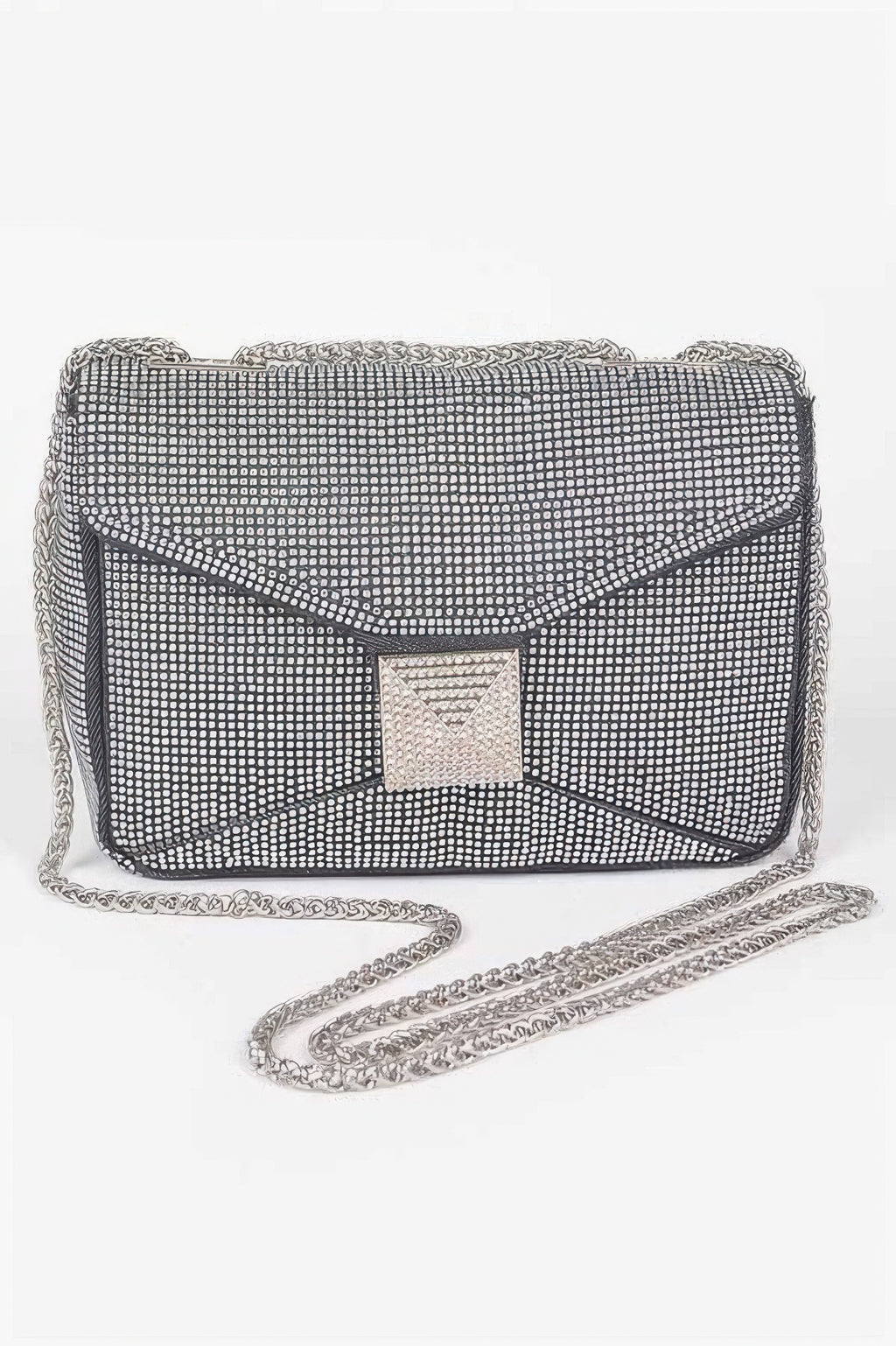 Black rhinestone denim clutch with bow front and silver chain strap