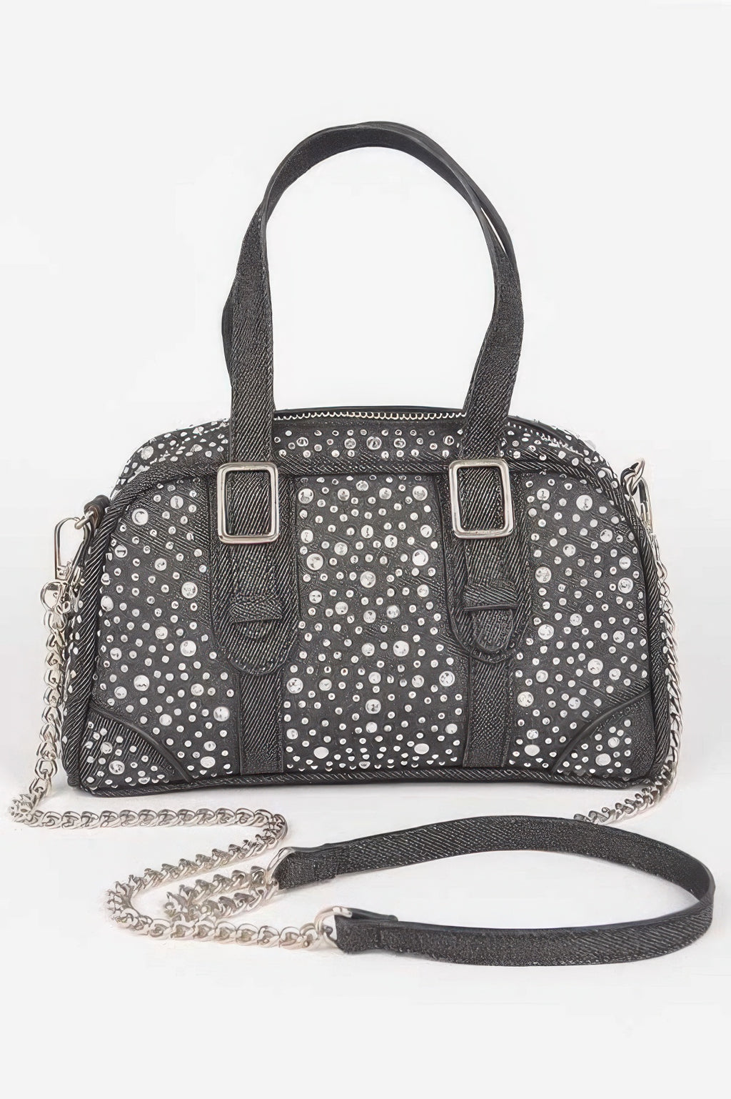 Black denim hot-fix crossbody bag with chain strap and studded pattern front
