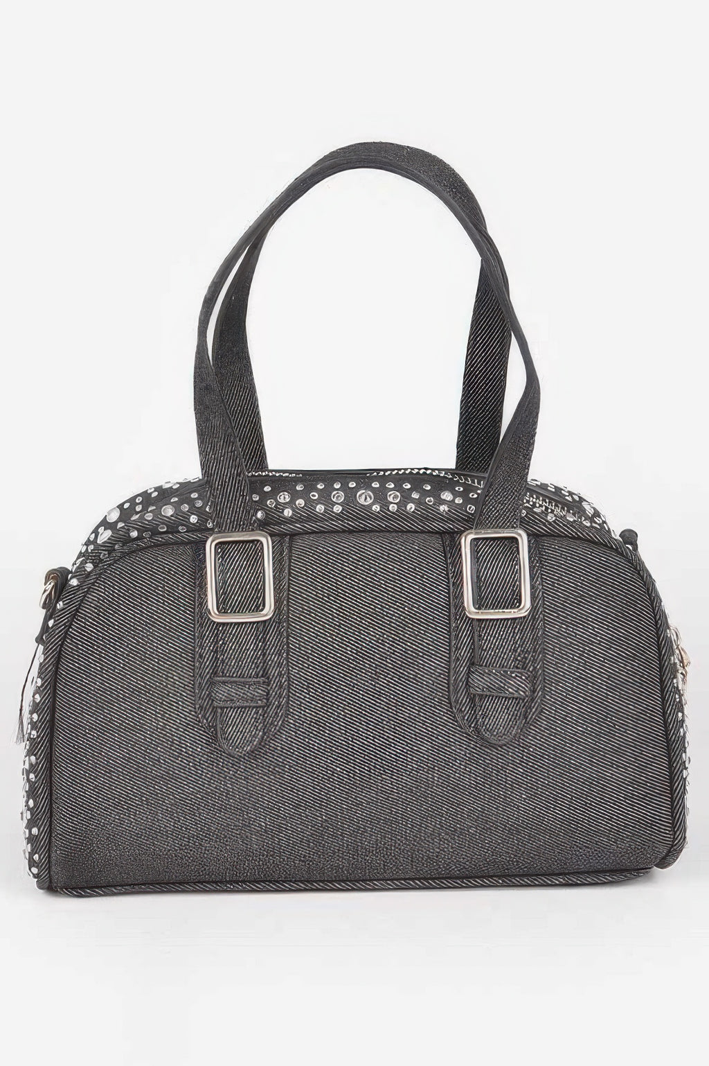Black denim crossbody bag with double-buckle front panels and silver-tone chain strap