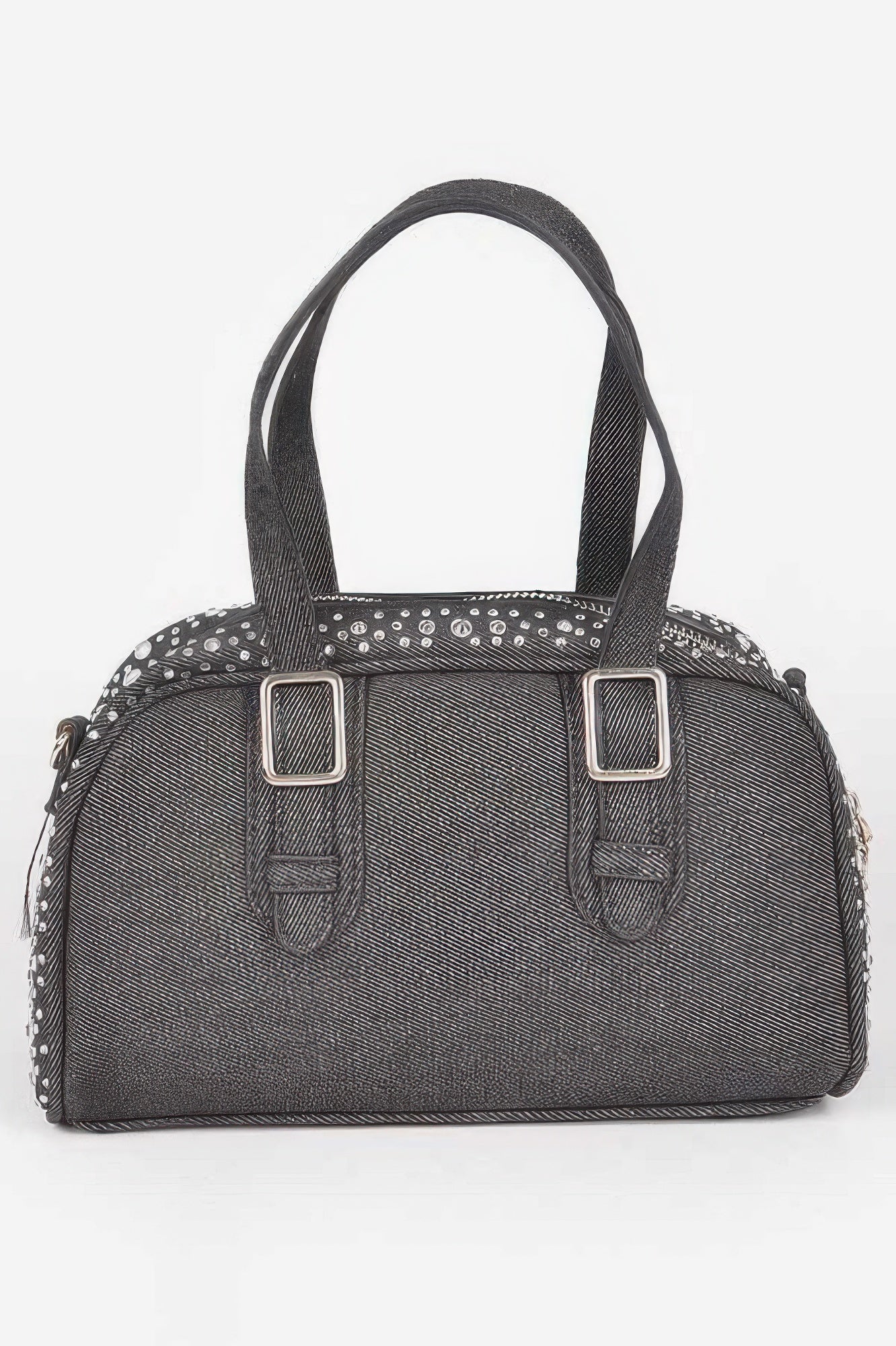 Black denim crossbody bag with double-buckle front panels and silver-tone chain strap