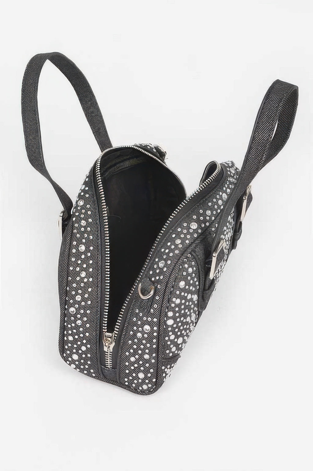 Black denim crossbody bag with top zip, textured hot-fix dots, side pocket detail