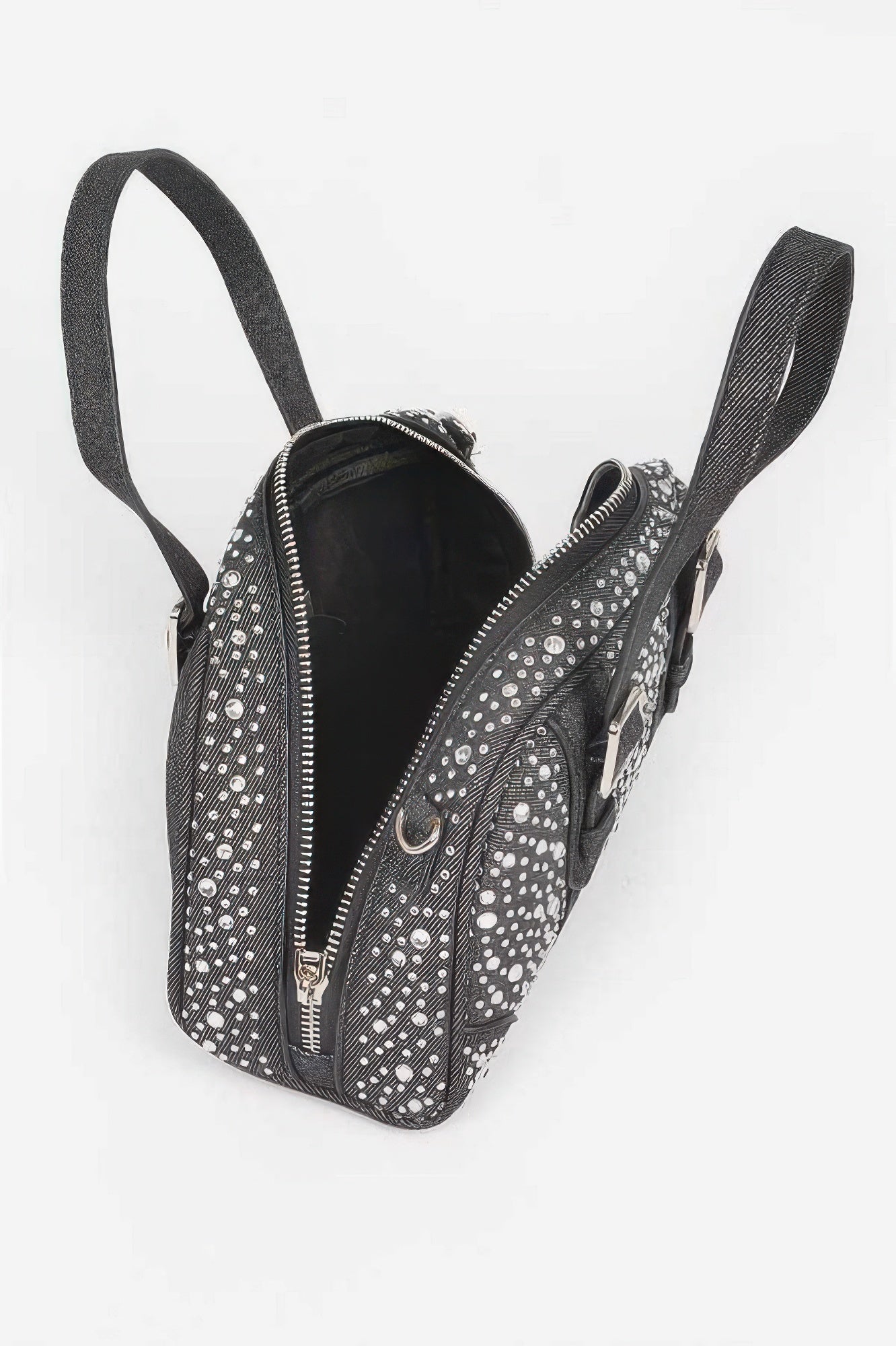 Black denim crossbody bag with top zip, textured hot-fix dots, side pocket detail