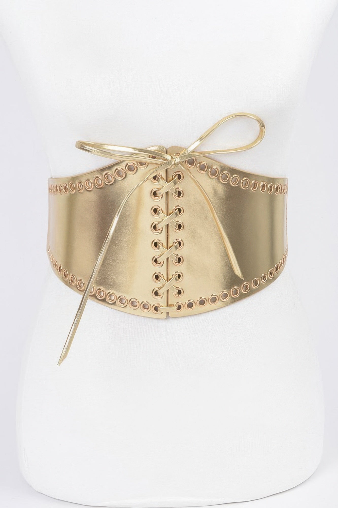 Gold faux leather eyelet corset belt with lace-up grommets and dangling ties