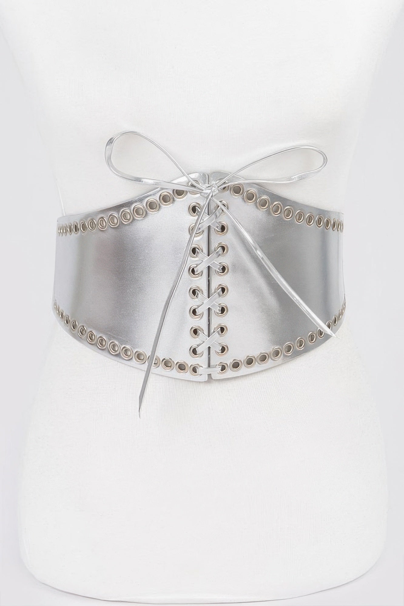 Silver faux leather eyelet corset belt with lace-up grommets and ribbon ties