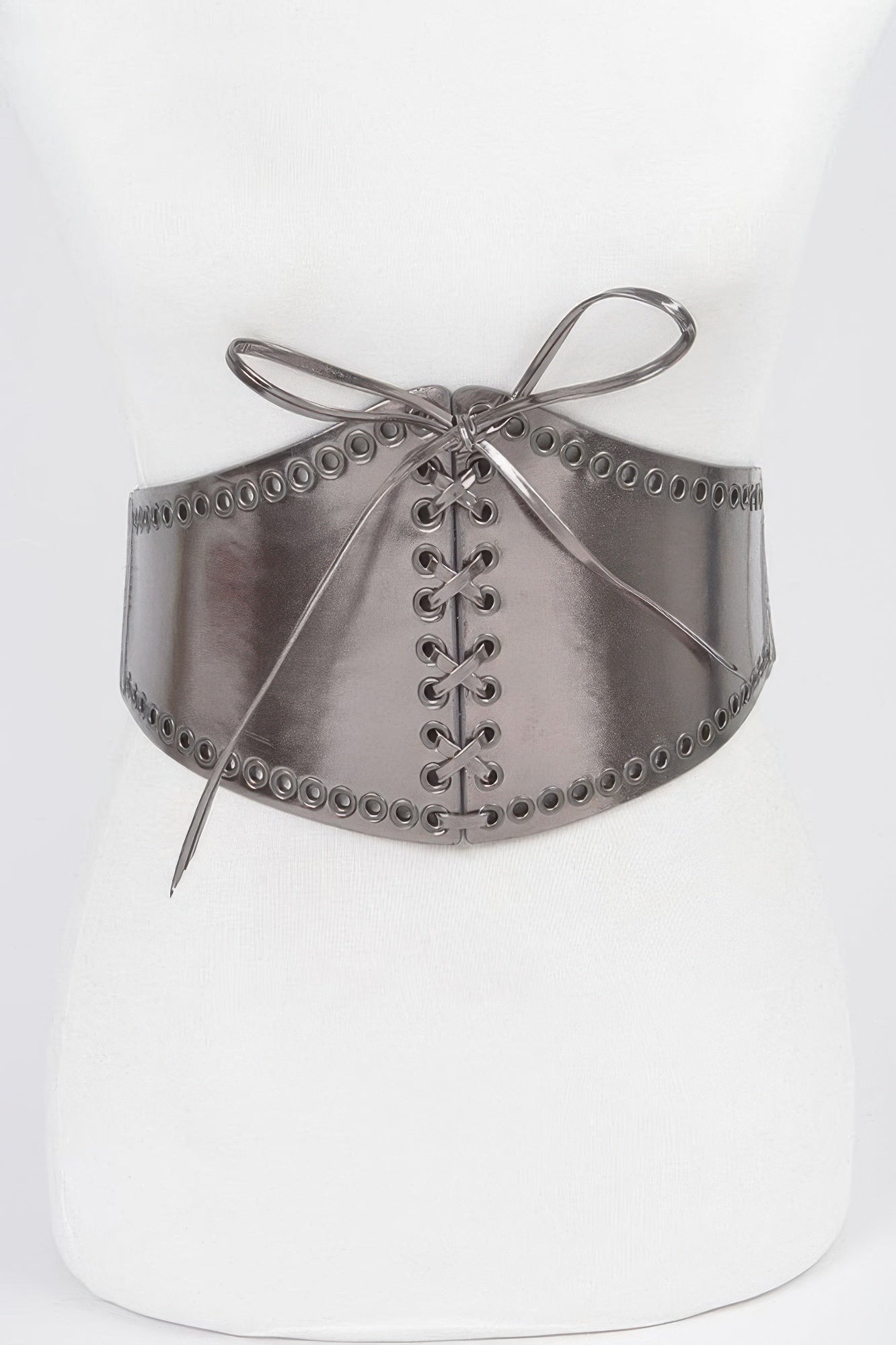 Dark faux leather eyelet corset belt with lace-up grommets and bow ties
