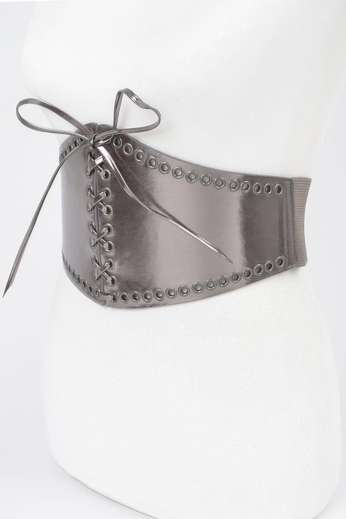 Hematite faux leather corset belt side view with lace-up grommets and ties