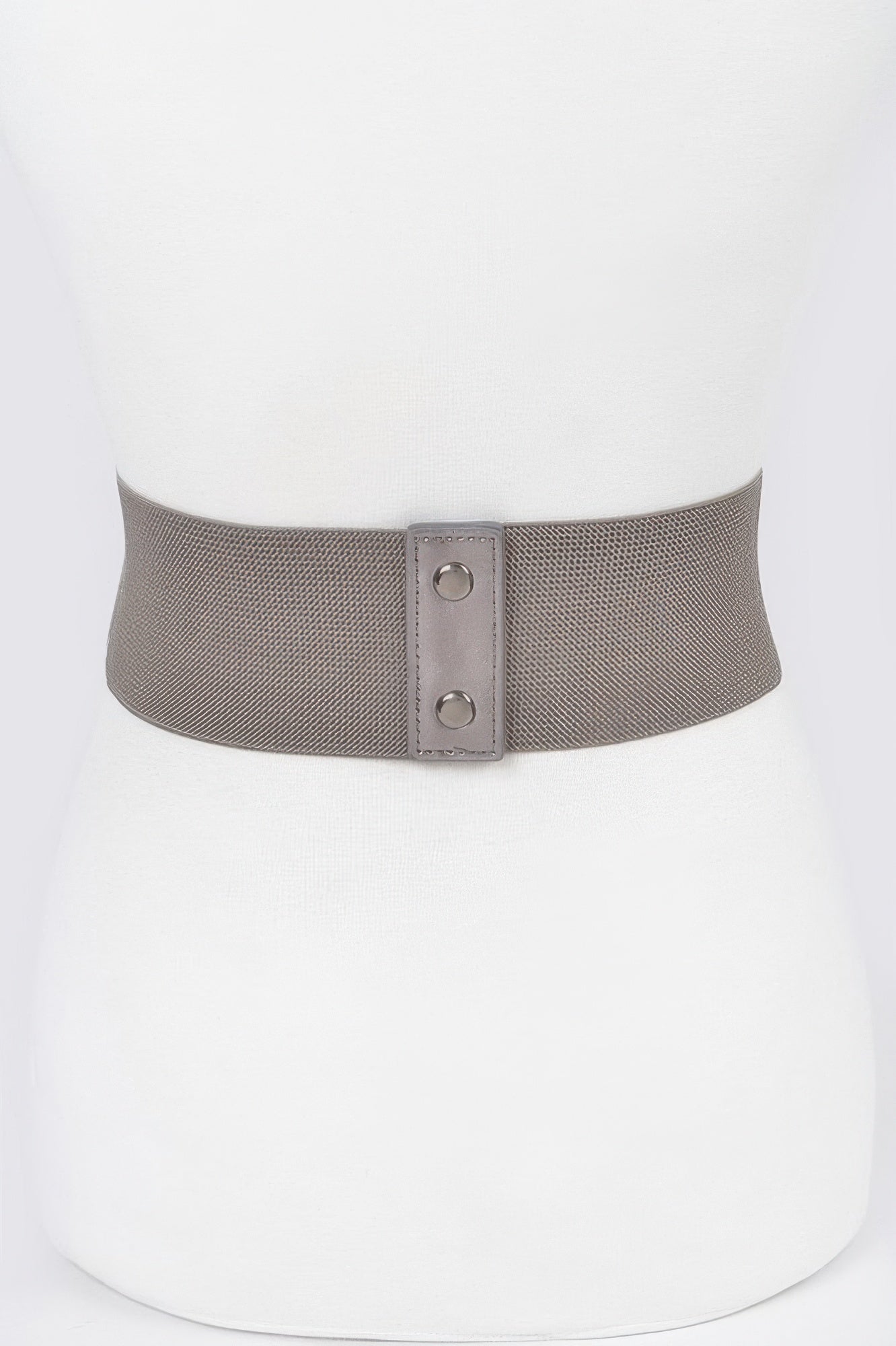 Gray elastic corset belt with rectangular metal buckle and two snap holes