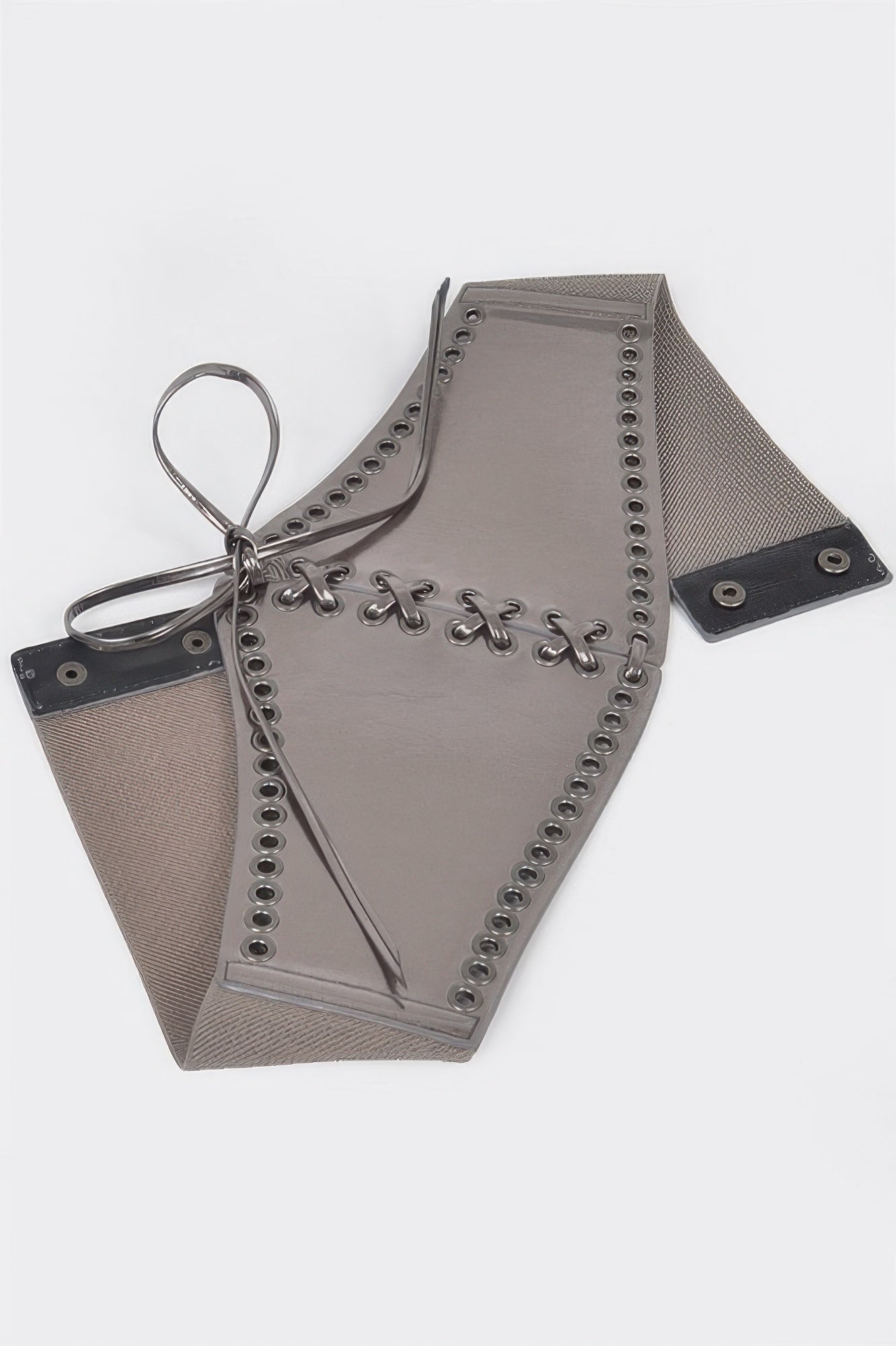 Gray corset belt back with faux leather panel, eyelet trim, and metal snaps