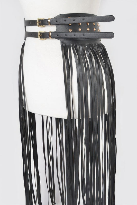 Faux Leather Metal Studded Fringe Belt - Tigbul's Variety Fashion Shop