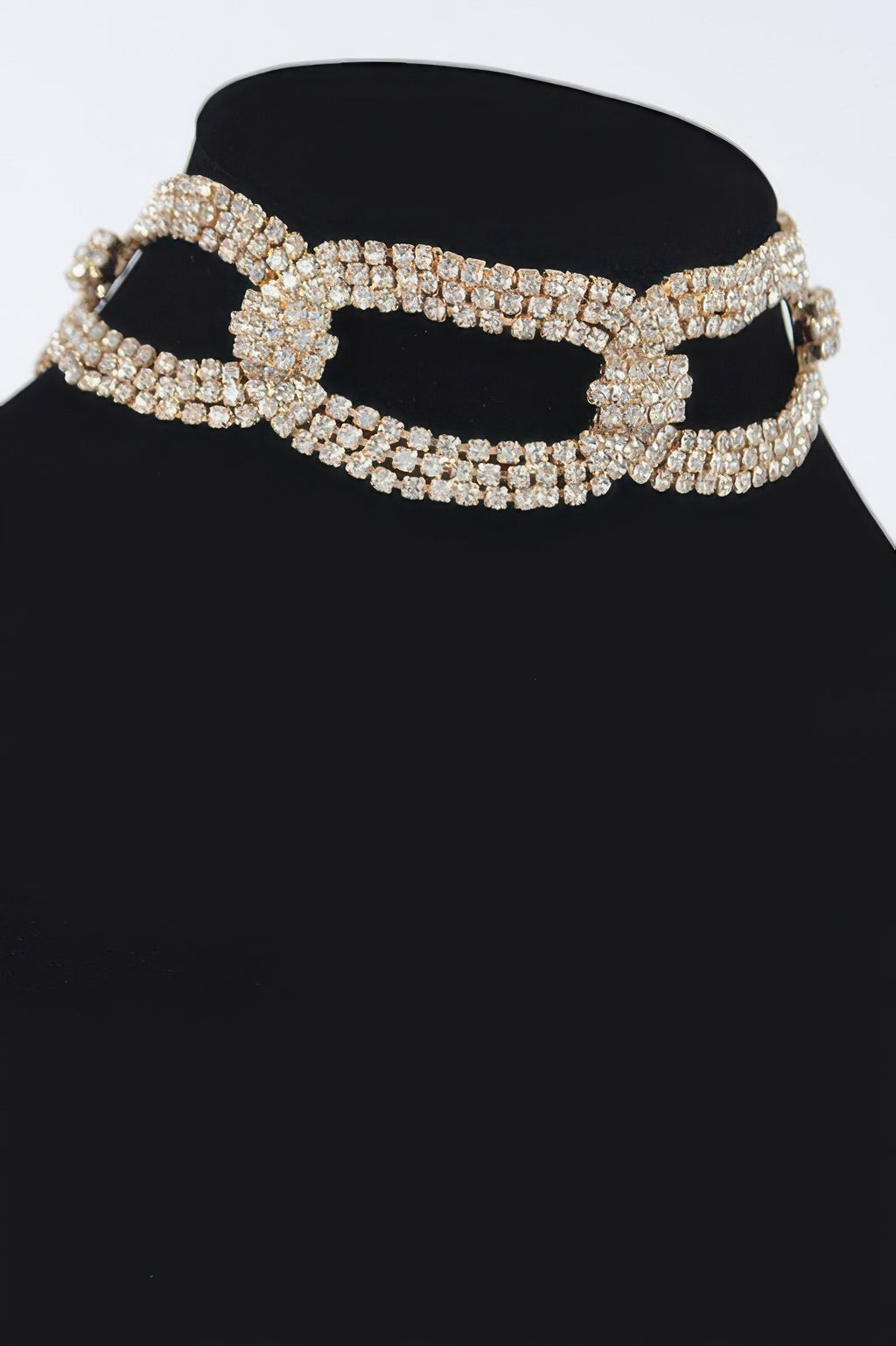 Rhinestone chain choker, silver-toned with three open oval sections and sparkle