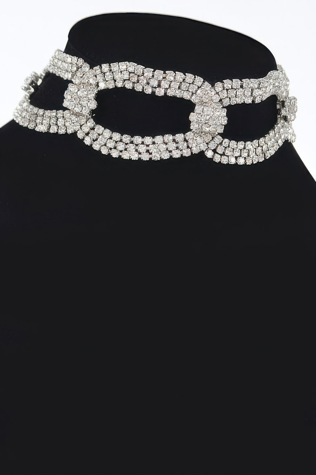 Rhinestone chain choker, silver-toned layered oval rhinestone links with cutout openings
