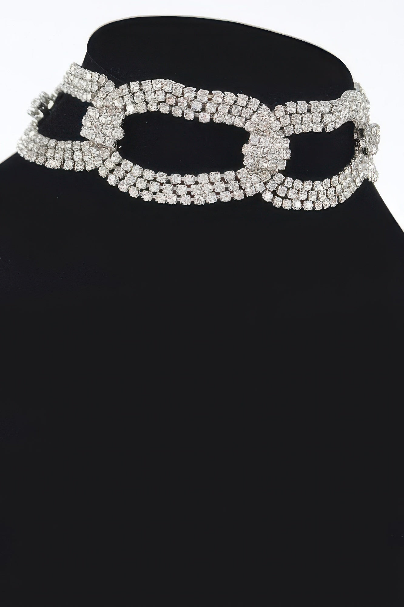 Rhinestone chain choker, silver-toned layered oval rhinestone links with cutout openings