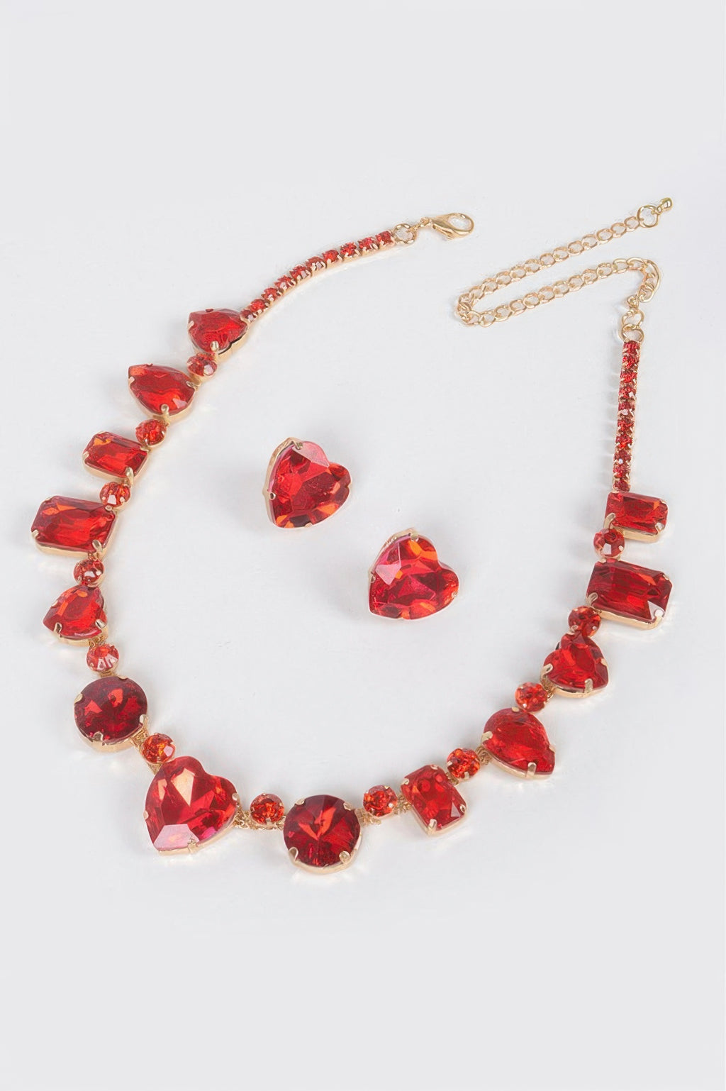 Red faceted heart stone jewelry set: heart necklace with matching stud earrings