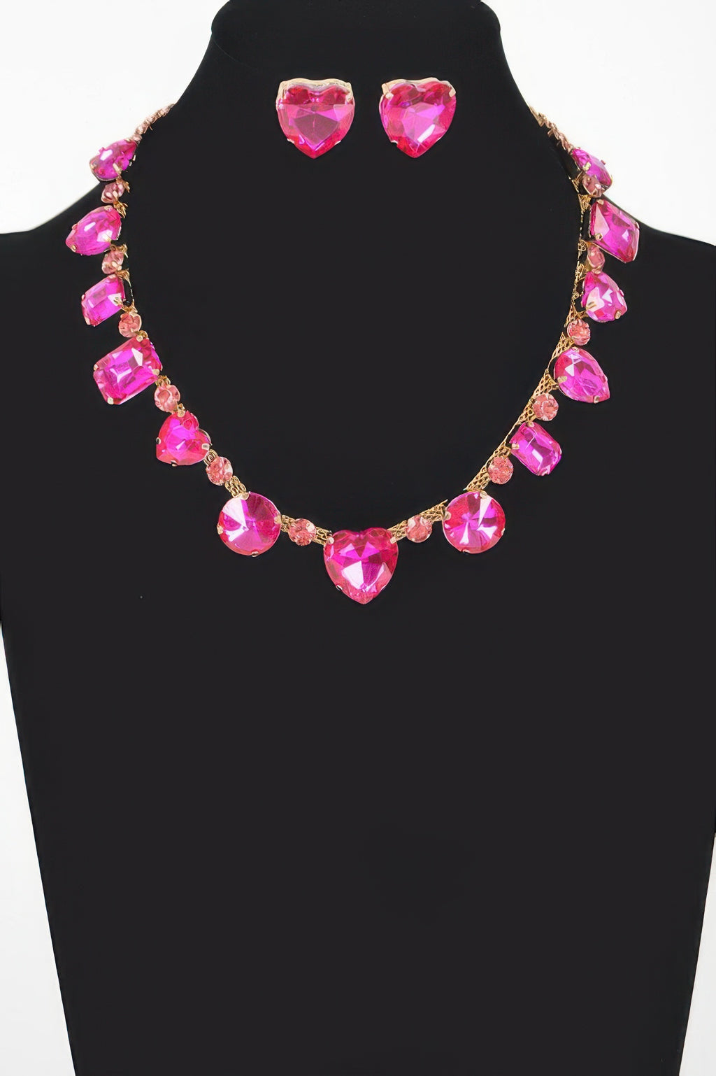 Fuchsia heart stone necklace and matching stud earrings, faceted sparkle stones