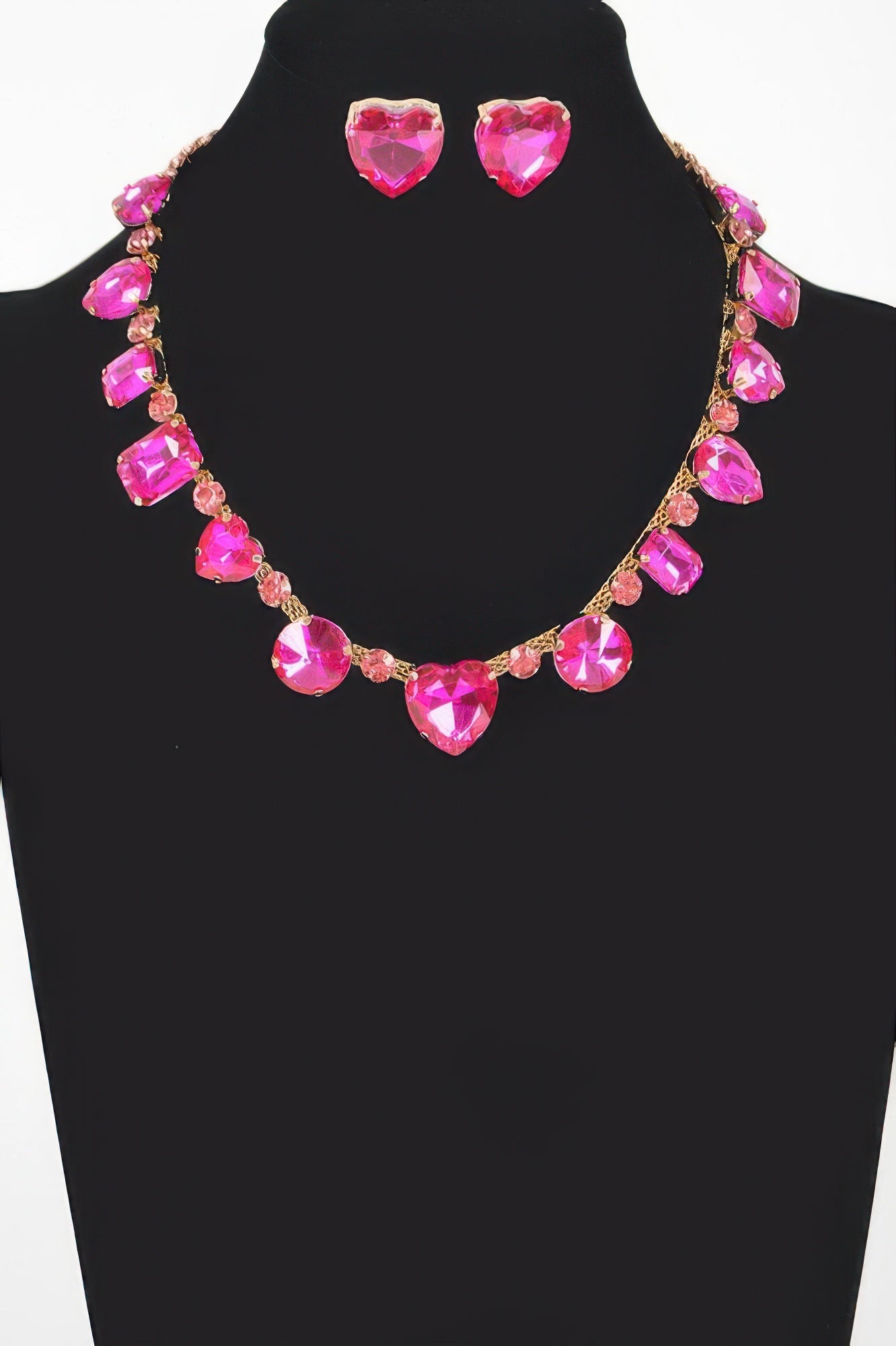 Fuchsia heart stone necklace and matching stud earrings, faceted sparkle stones